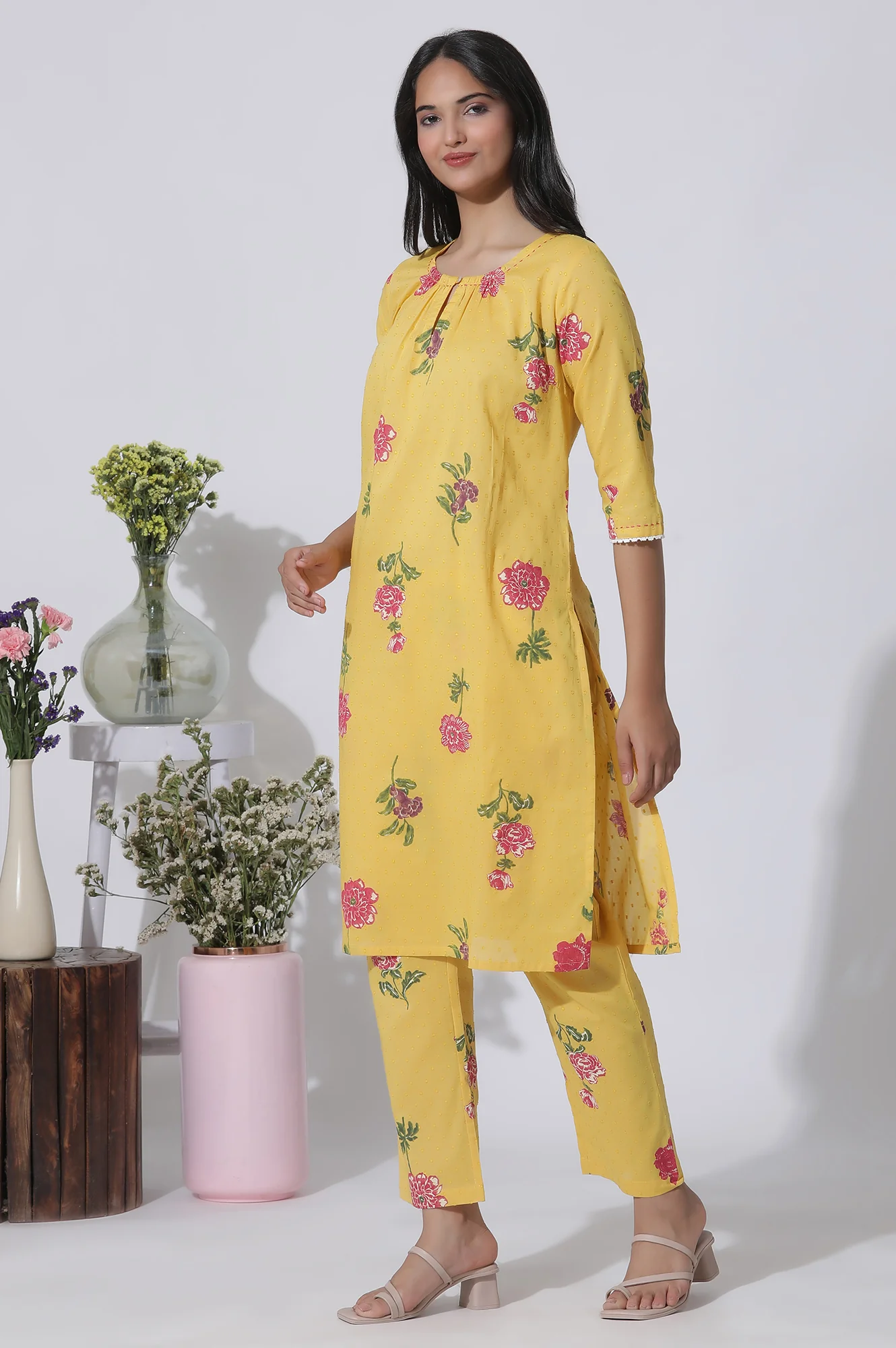 Buttercup Yellow Floral Printed A-Line Cotton Kurta And Pants Co-Ord Set - Image 3