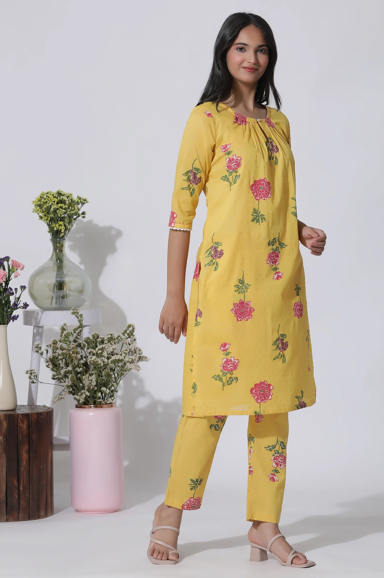 Buttercup Yellow Floral Printed A-Line Cotton Kurta And Pants Co-Ord Set - Image 5