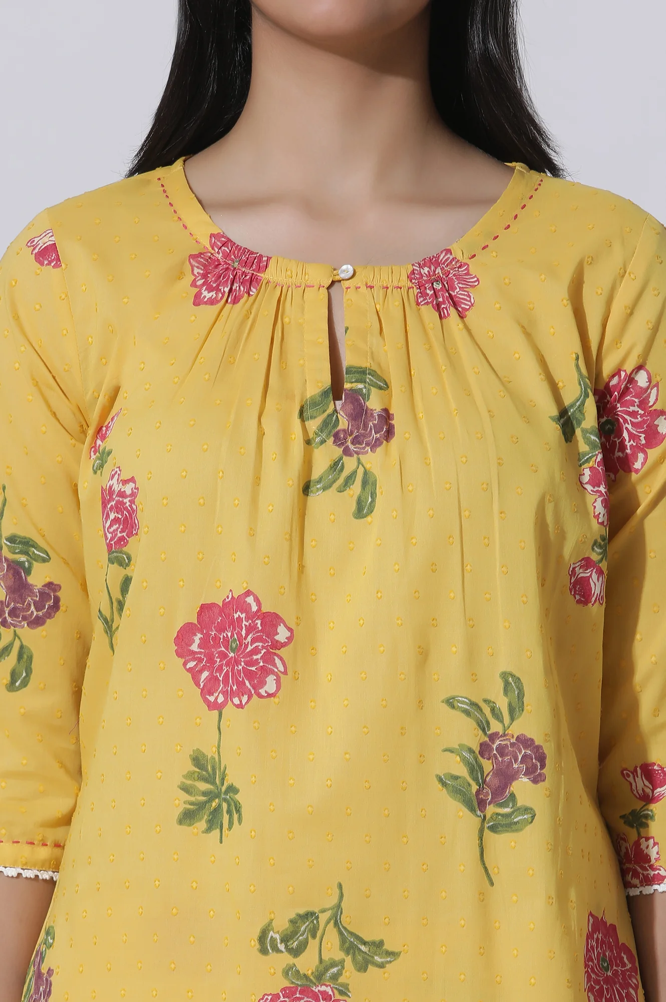 Buttercup Yellow Floral Printed A-Line Cotton Kurta And Pants Co-Ord Set - Image 6