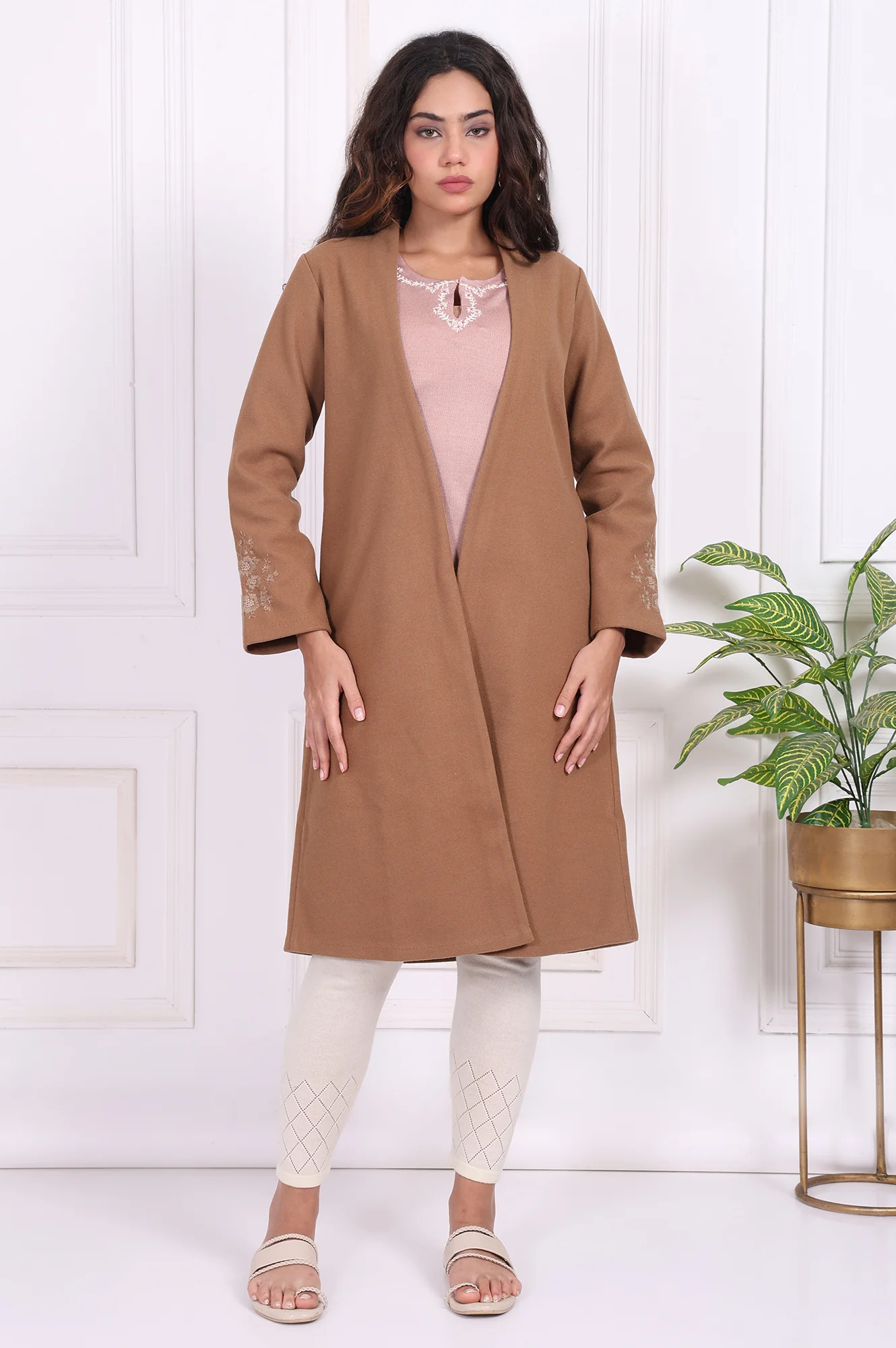 Camel Brown Embroidered Straight Woven Coat - Image 2