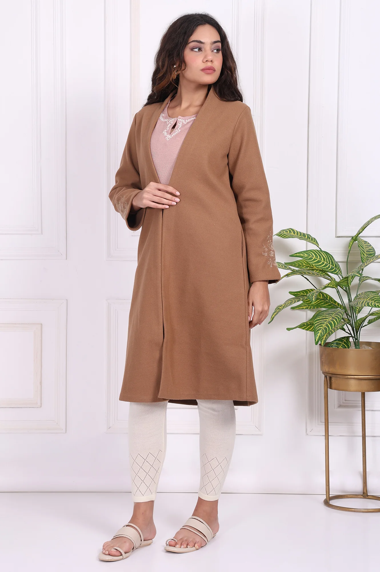 Camel Brown Embroidered Straight Woven Coat - Image 4