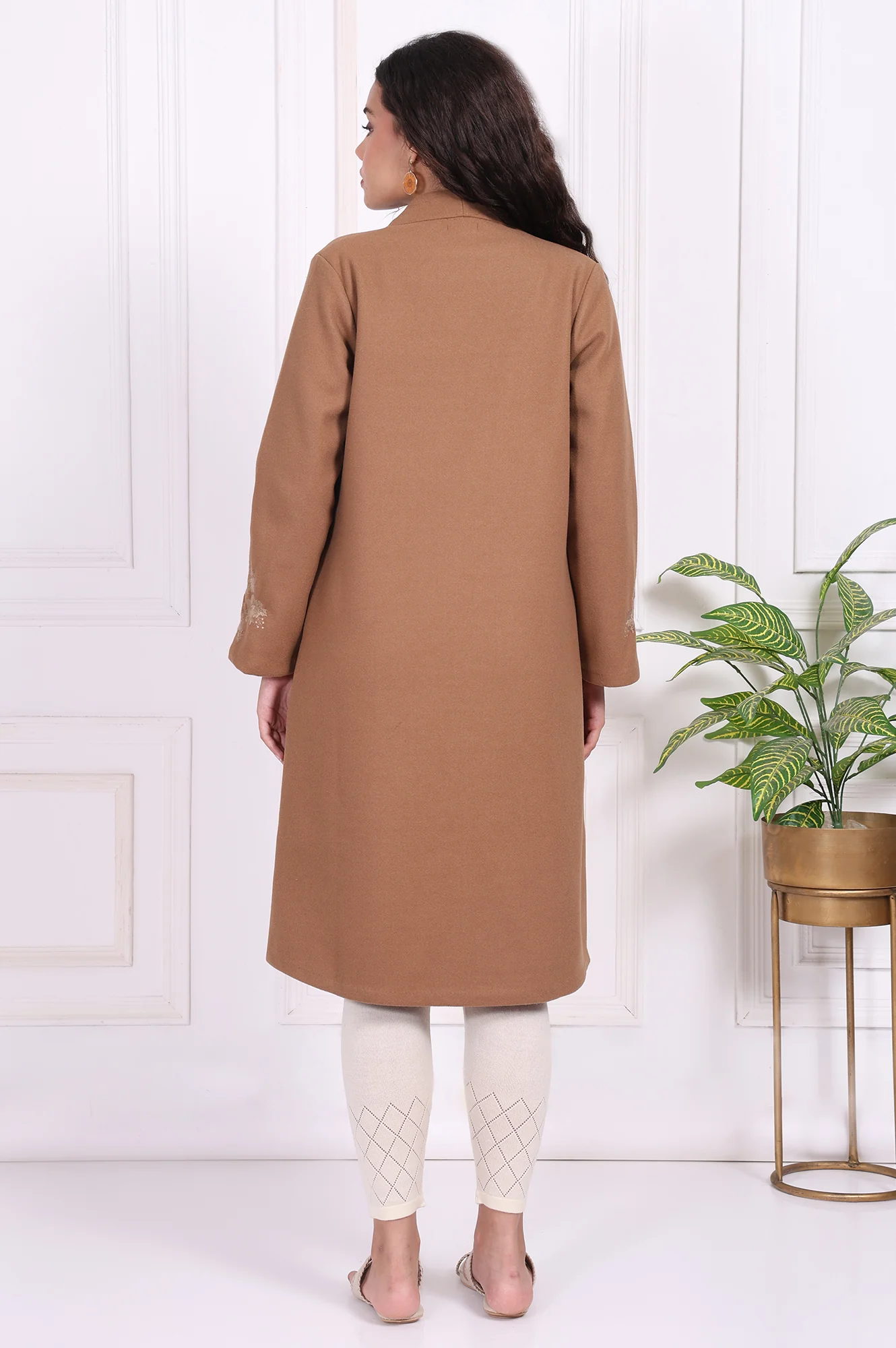 Camel Brown Embroidered Straight Woven Coat - Image 5