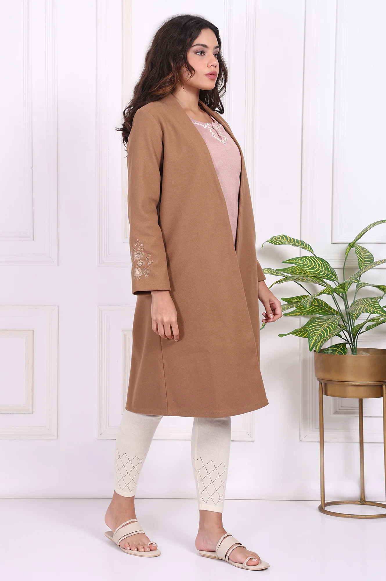 Camel Brown Embroidered Straight Woven Coat - Image 6