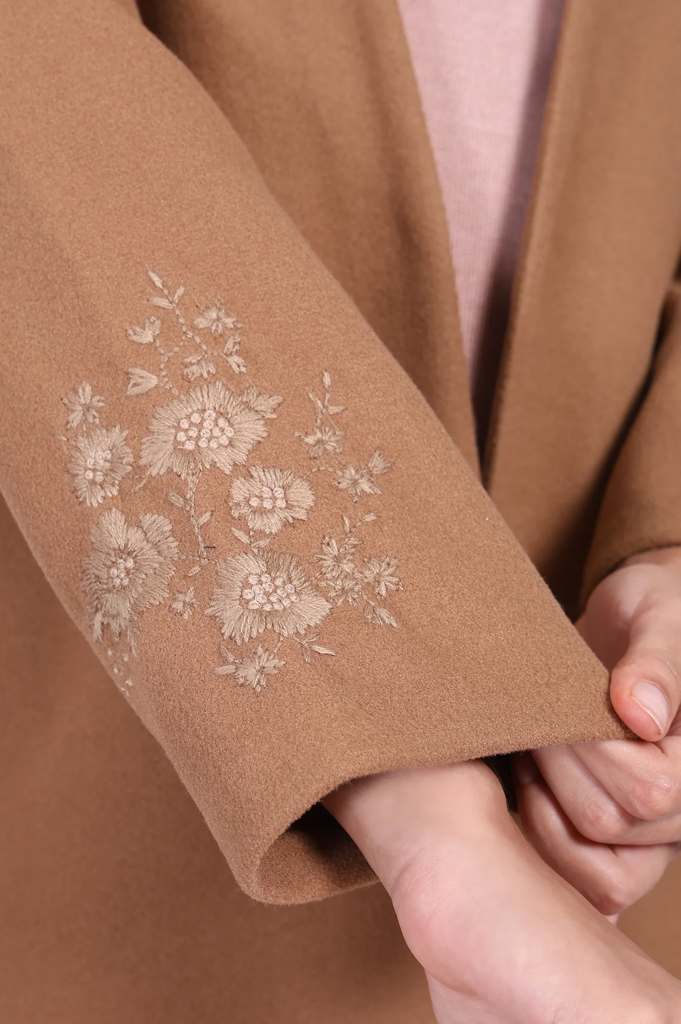 Camel Brown Embroidered Straight Woven Coat - Image 7