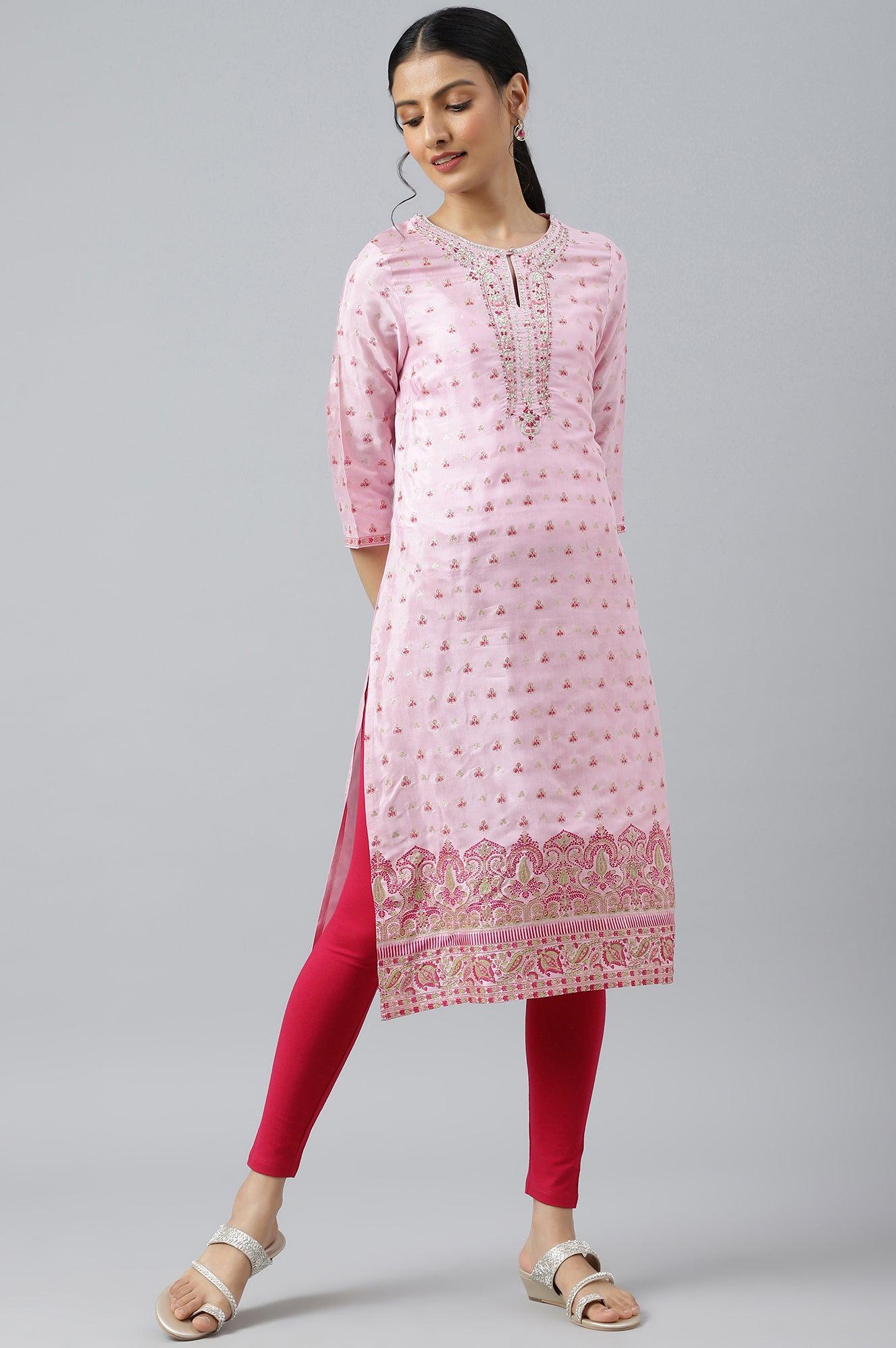 Cameo Pink Floral Printed And Embroidered kurta - Image 5