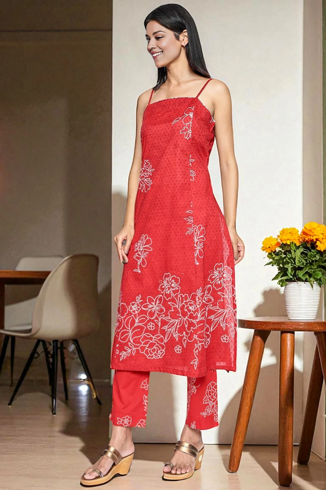 Carmine Red Printed Pure Cotton Straight Kurta, Straight Pant and Dupatta Set - Image 3