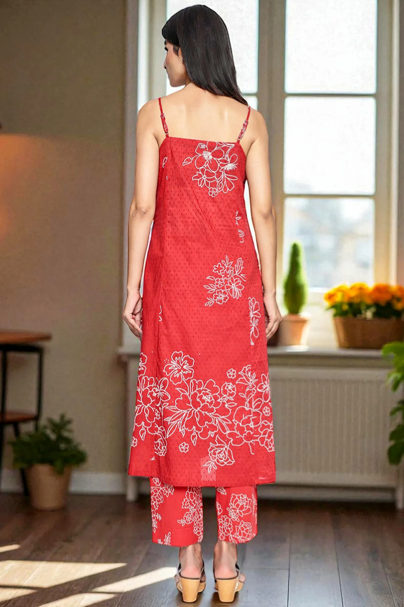 Carmine Red Printed Pure Cotton Straight Kurta, Straight Pant and Dupatta Set - Image 4