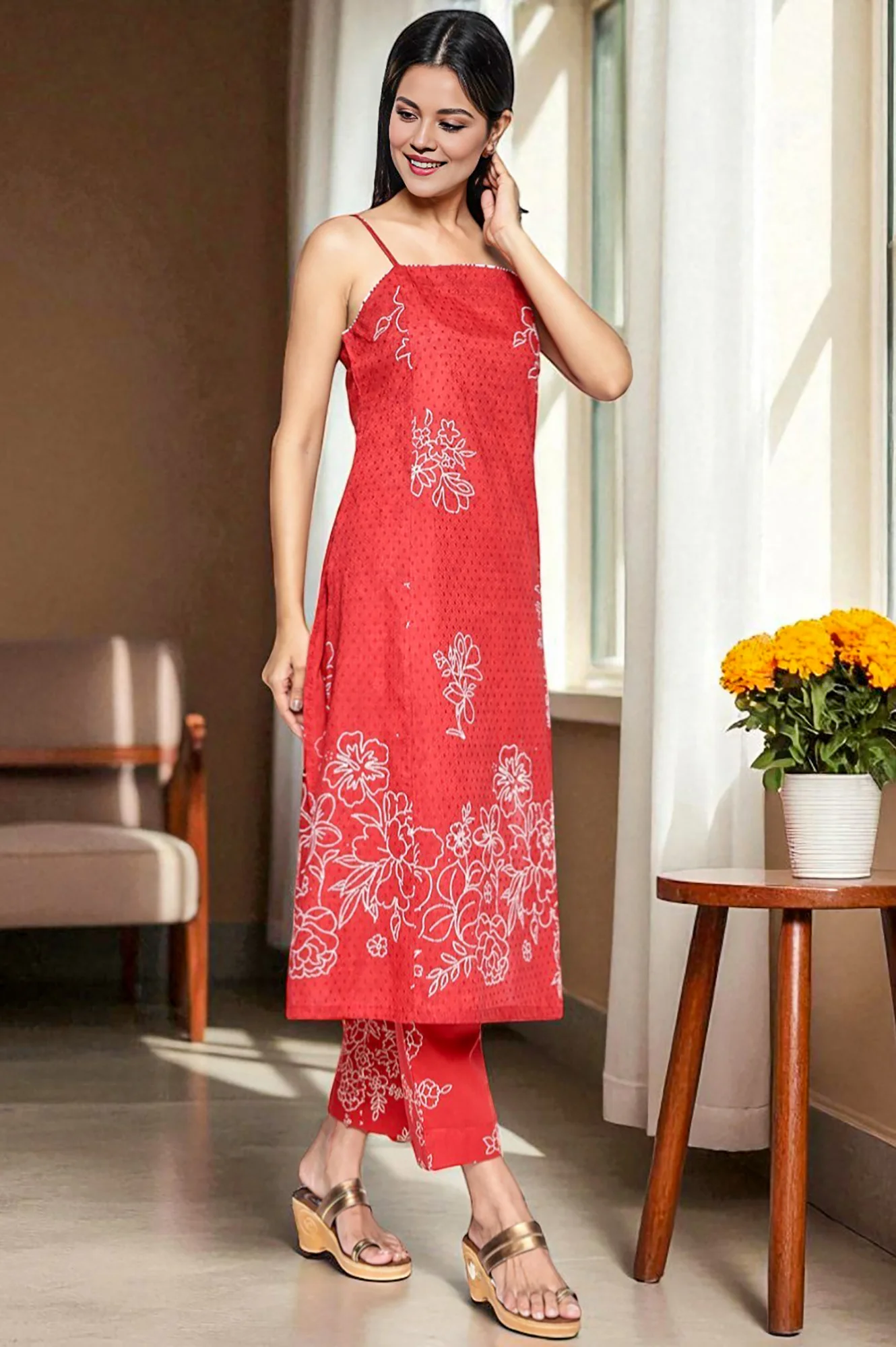 Carmine Red Printed Pure Cotton Straight Kurta, Straight Pant and Dupatta Set - Image 5