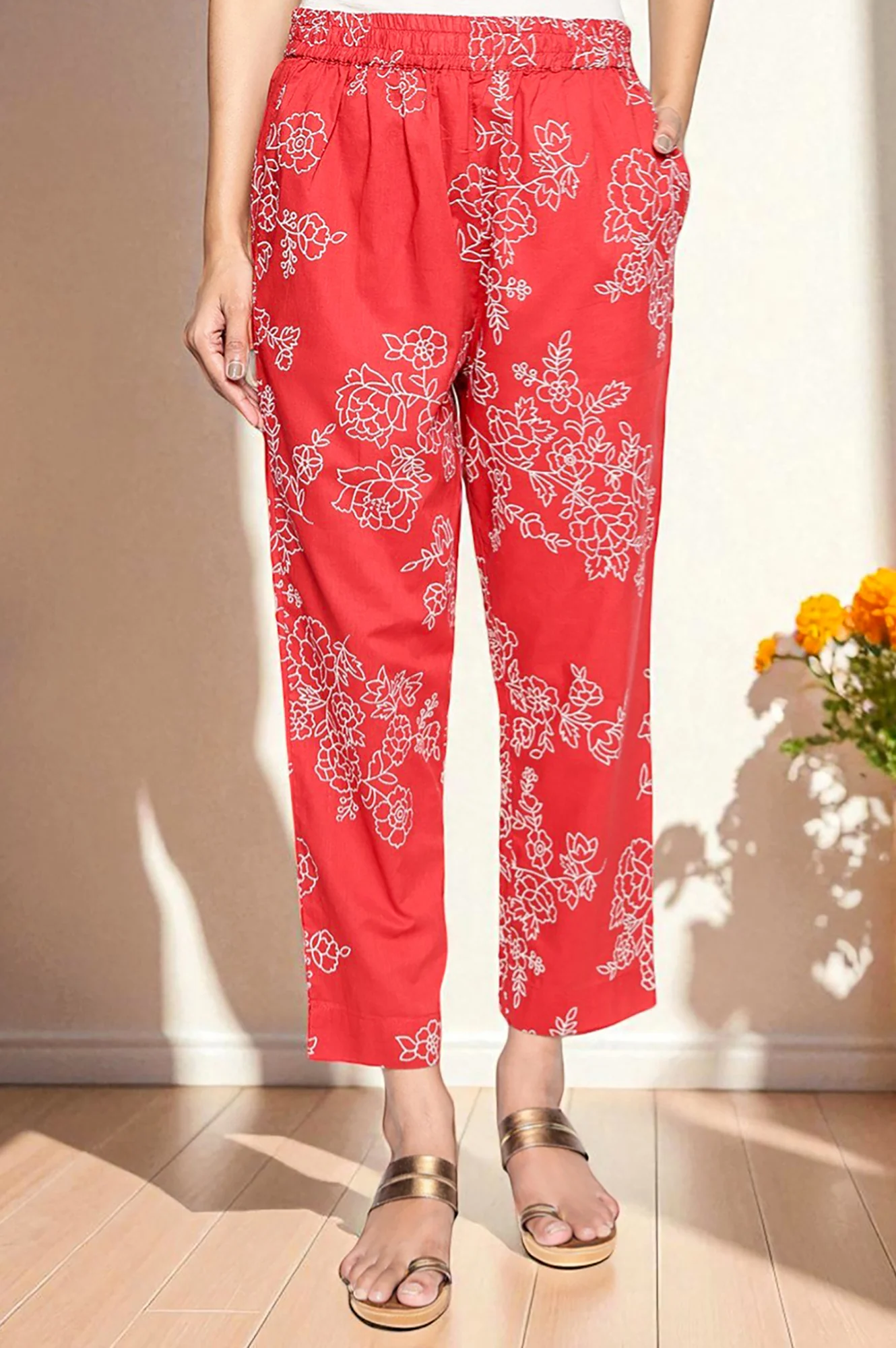 Carmine Red Printed Pure Cotton Straight Kurta, Straight Pant and Dupatta Set - Image 6