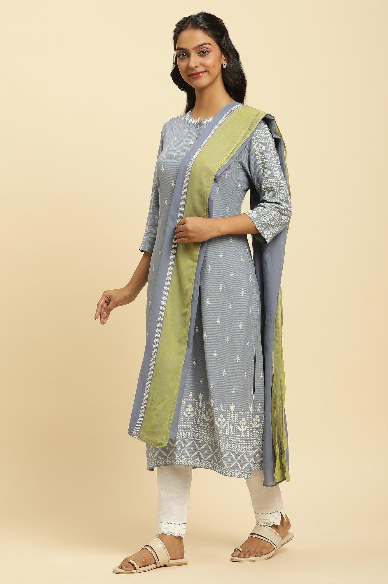 Celery Green And Blue Colour Block Dupatta - Image 3