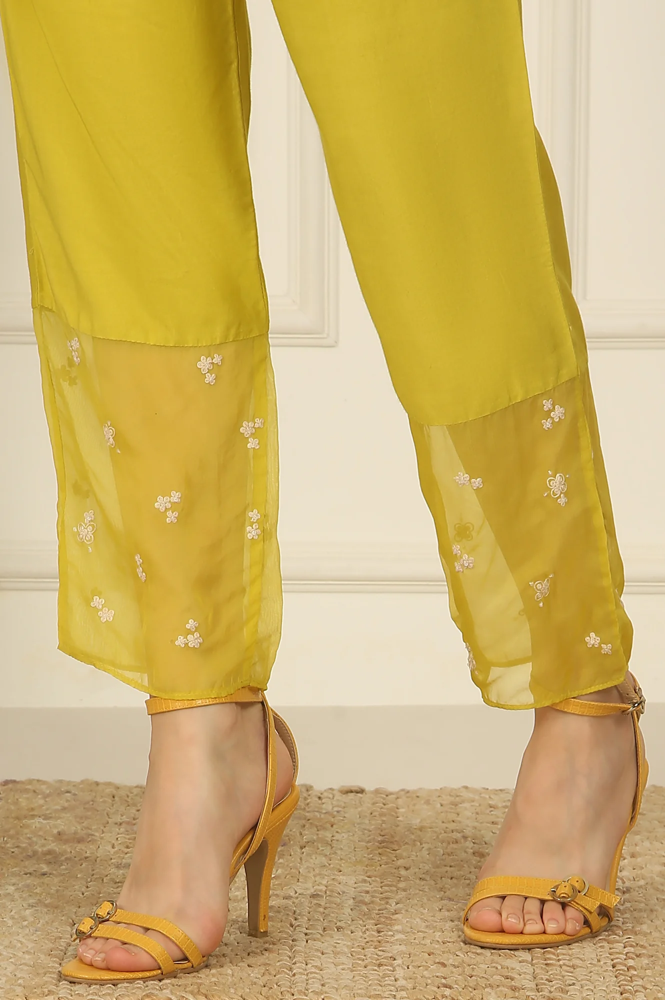 Celery Green Embroidered Chanderi Straight Kurta, Pants and Dupatta Set - Image 10