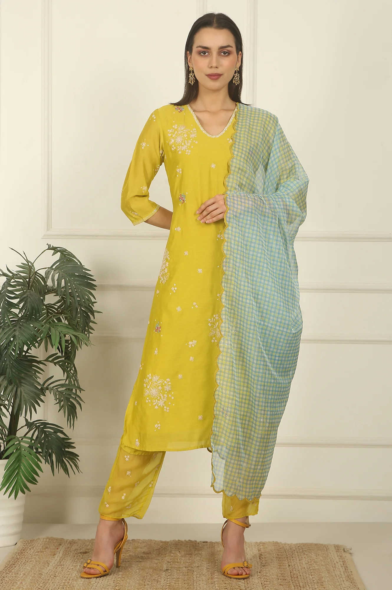 Celery Green Embroidered Chanderi Straight Kurta, Pants and Dupatta Set - Image 2