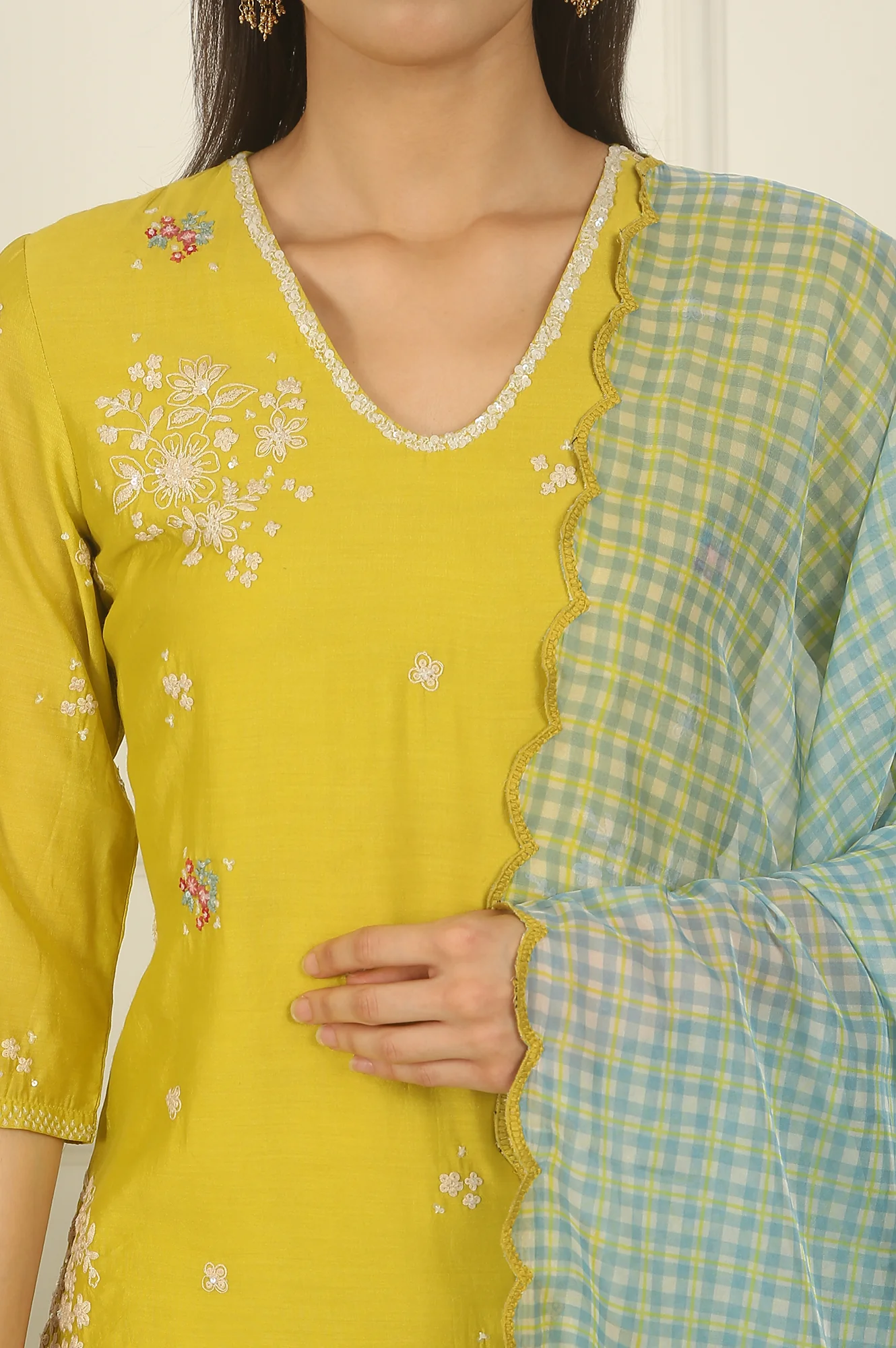 Celery Green Embroidered Chanderi Straight Kurta, Pants and Dupatta Set - Image 3