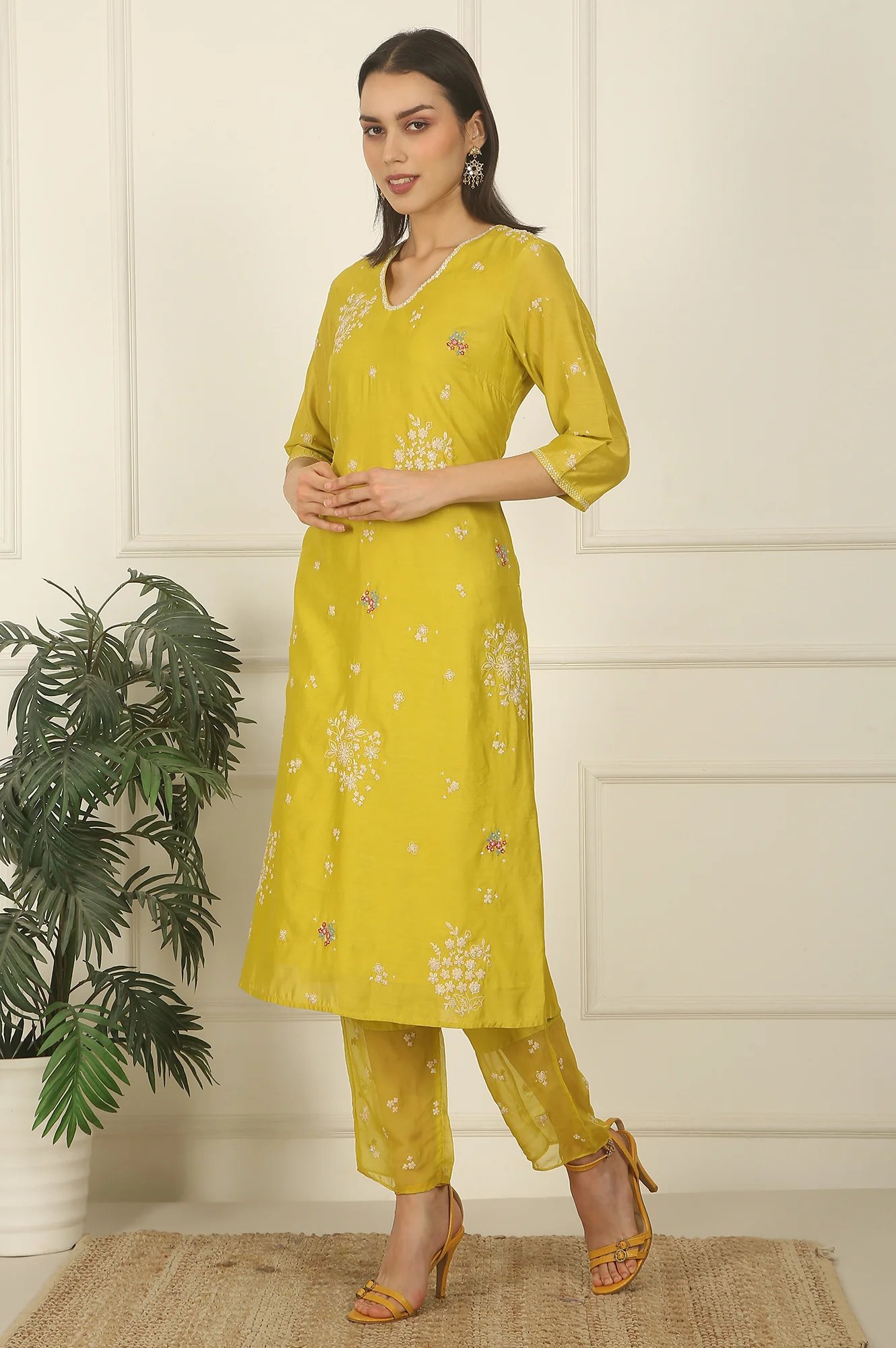 Celery Green Embroidered Chanderi Straight Kurta, Pants and Dupatta Set - Image 4