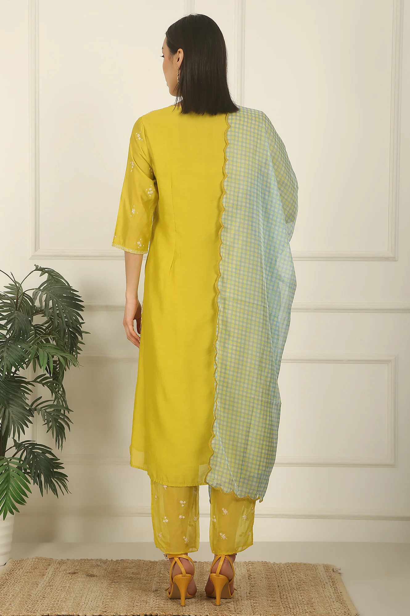 Celery Green Embroidered Chanderi Straight Kurta, Pants and Dupatta Set - Image 5