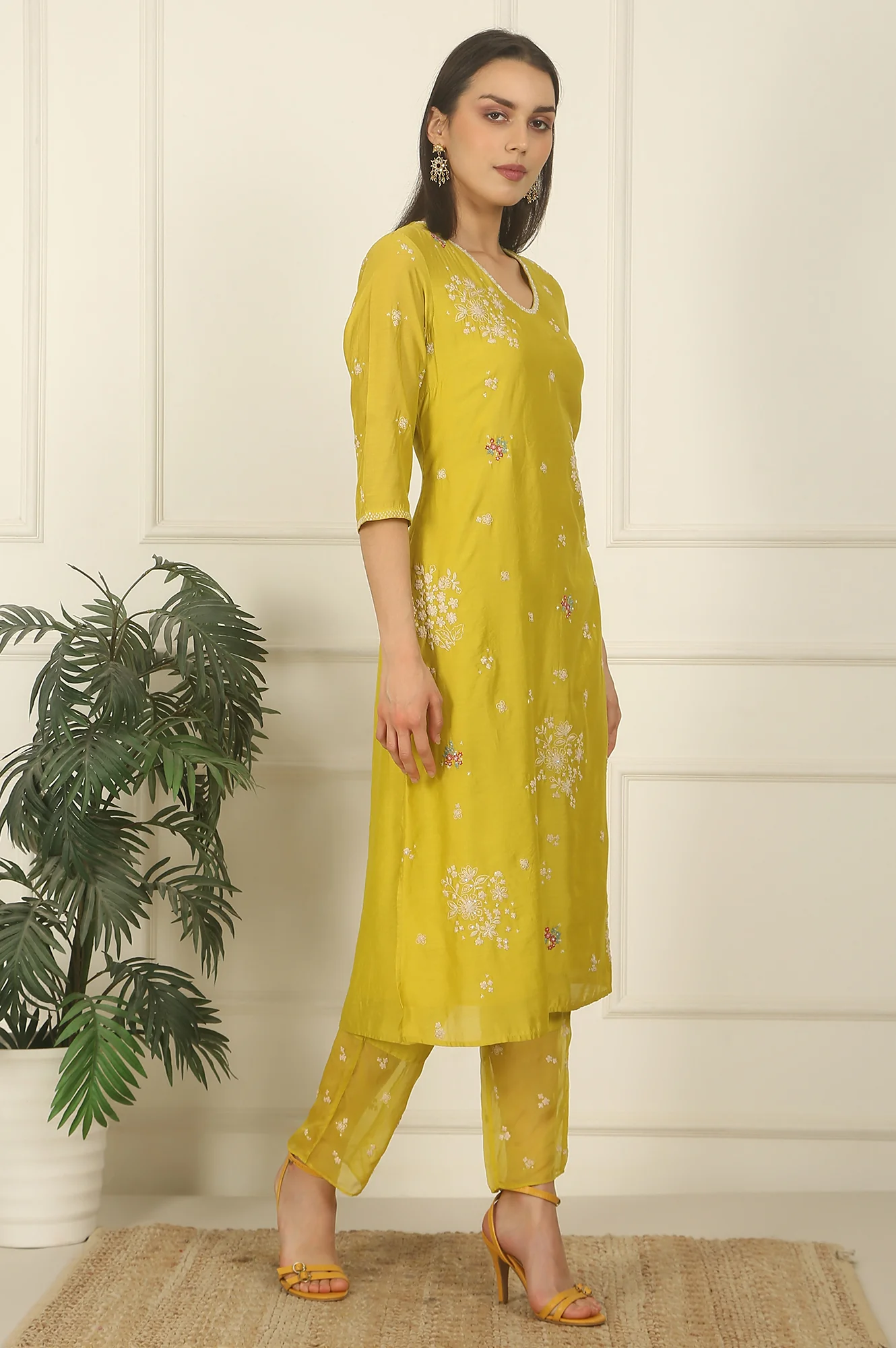Celery Green Embroidered Chanderi Straight Kurta, Pants and Dupatta Set - Image 6
