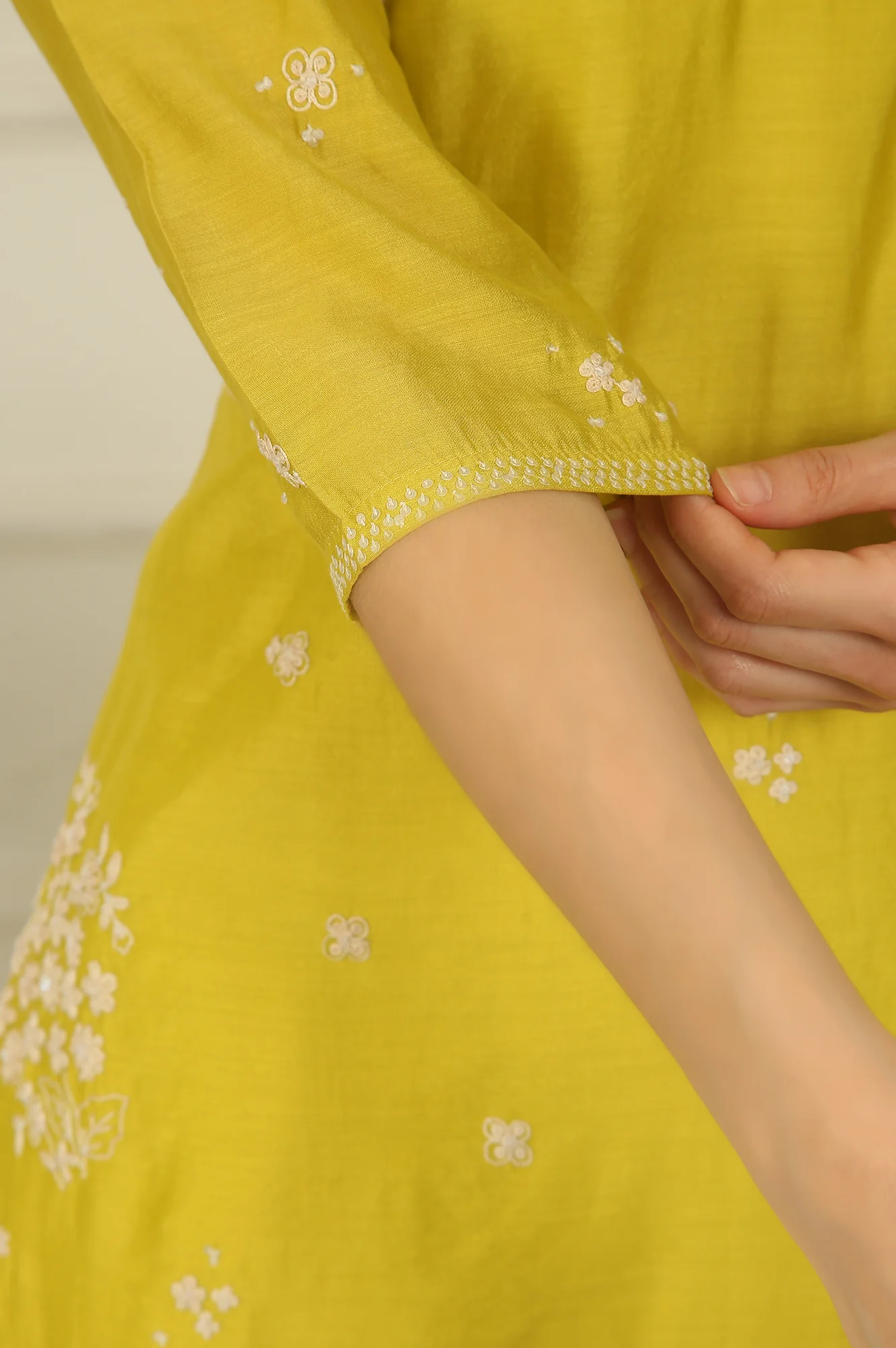 Celery Green Embroidered Chanderi Straight Kurta, Pants and Dupatta Set - Image 7