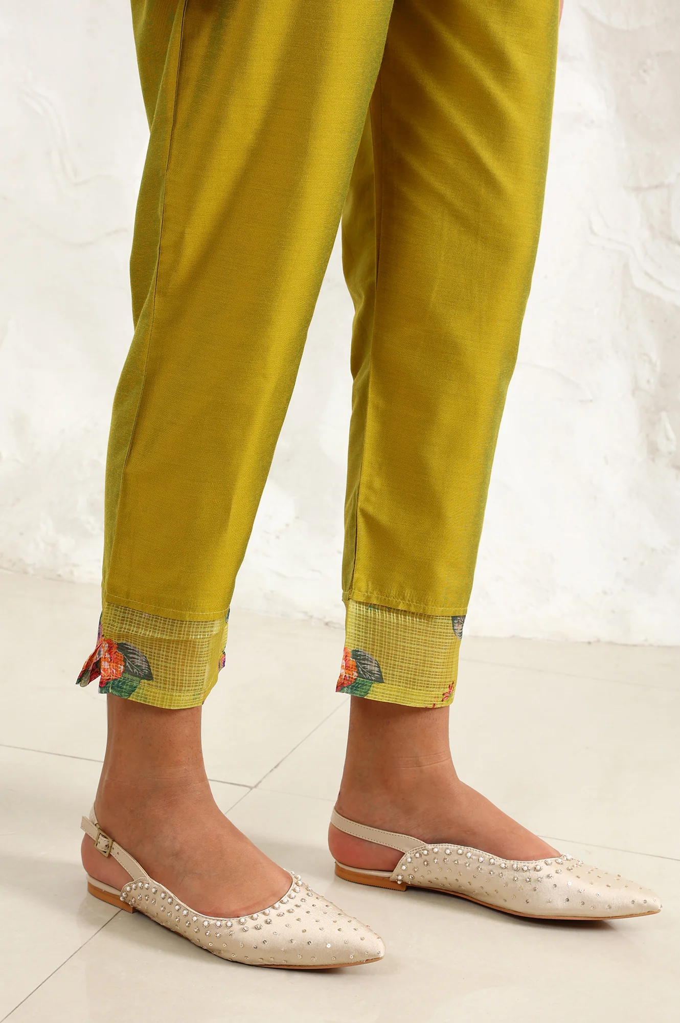 Celery Green Floral Printed Sequined Kota Straight Kurta, Slim Pants And Dupatta Set - Image 10