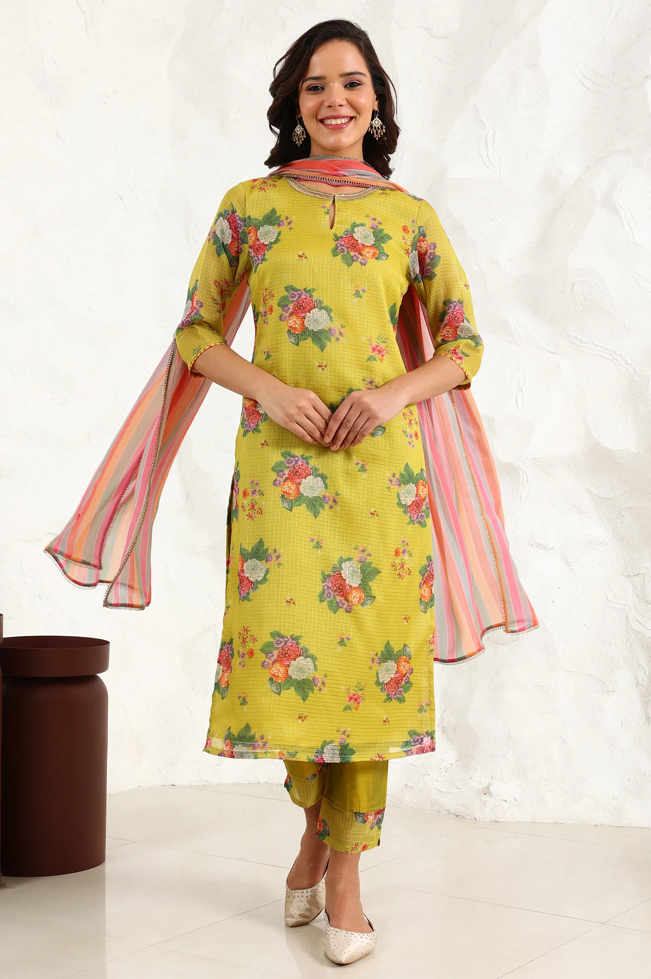 Celery Green Floral Printed Sequined Kota Straight Kurta, Slim Pants And Dupatta Set - Image 2