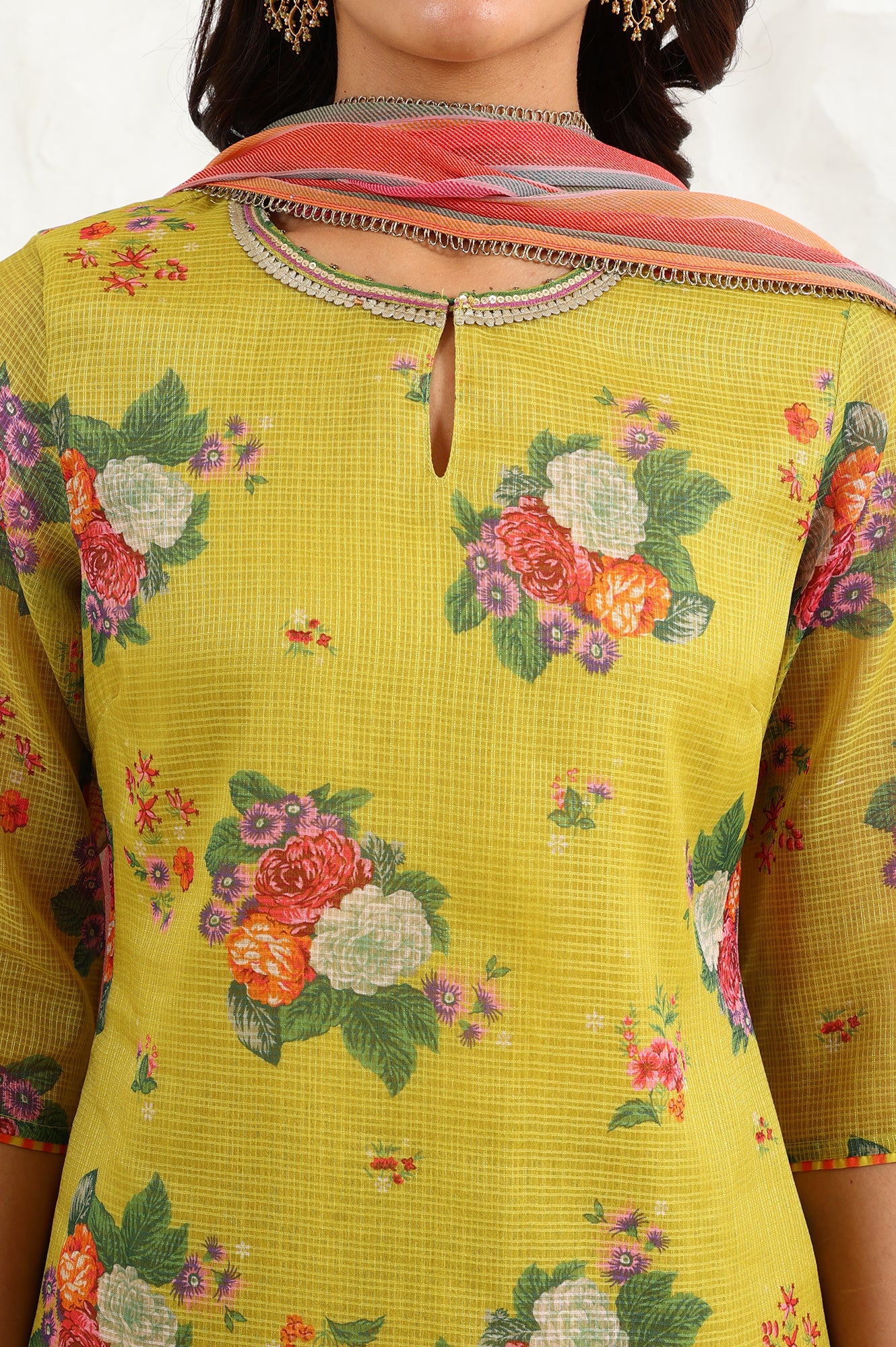 Celery Green Floral Printed Sequined Kota Straight Kurta, Slim Pants And Dupatta Set - Image 3