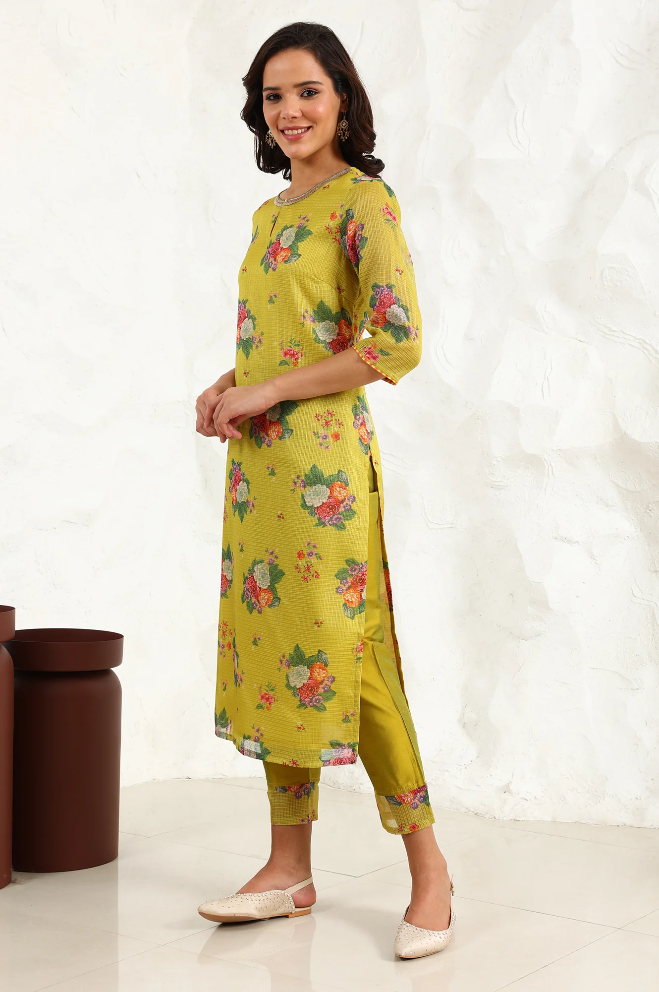 Celery Green Floral Printed Sequined Kota Straight Kurta, Slim Pants And Dupatta Set - Image 4