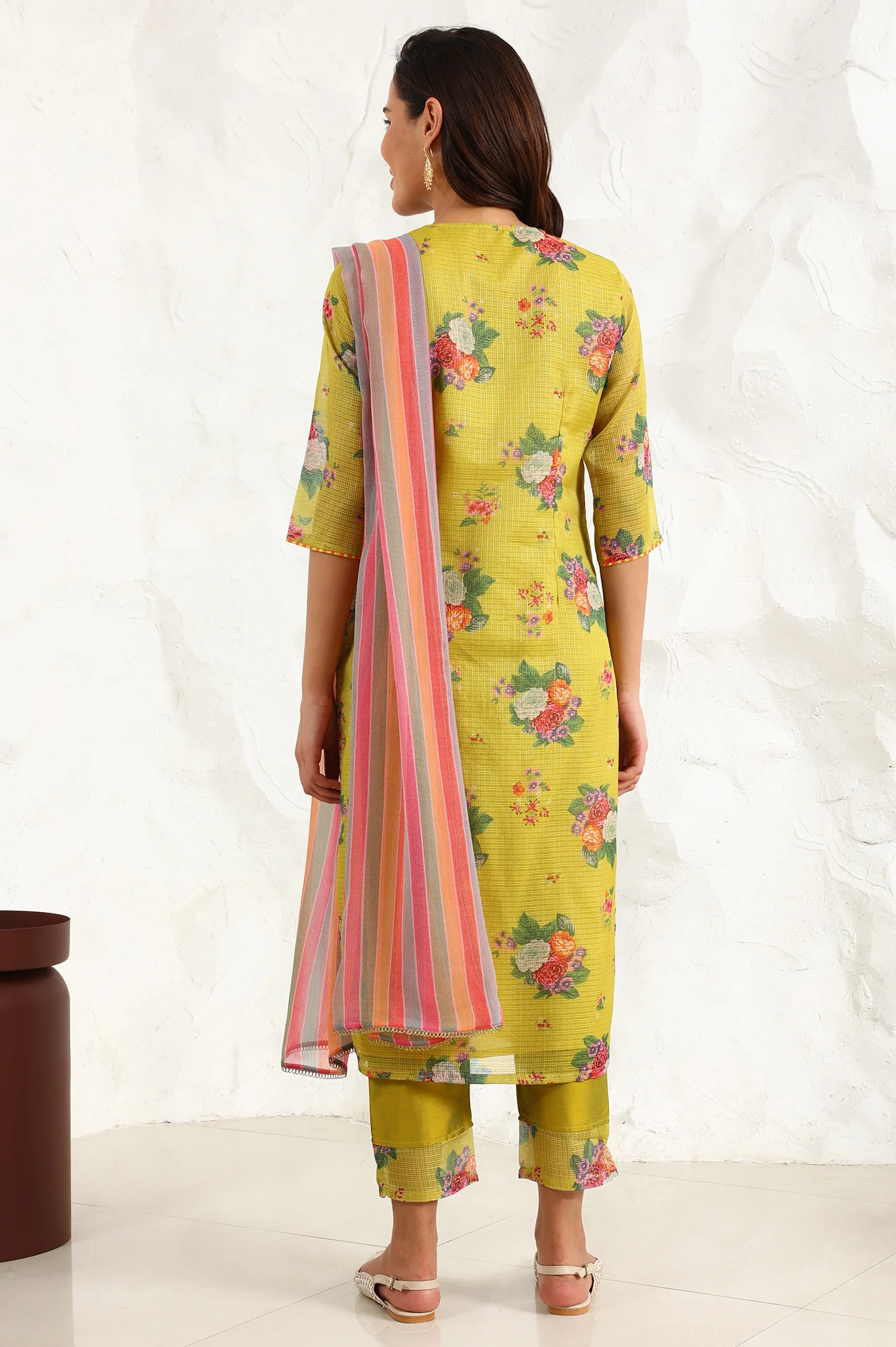 Celery Green Floral Printed Sequined Kota Straight Kurta, Slim Pants And Dupatta Set - Image 5
