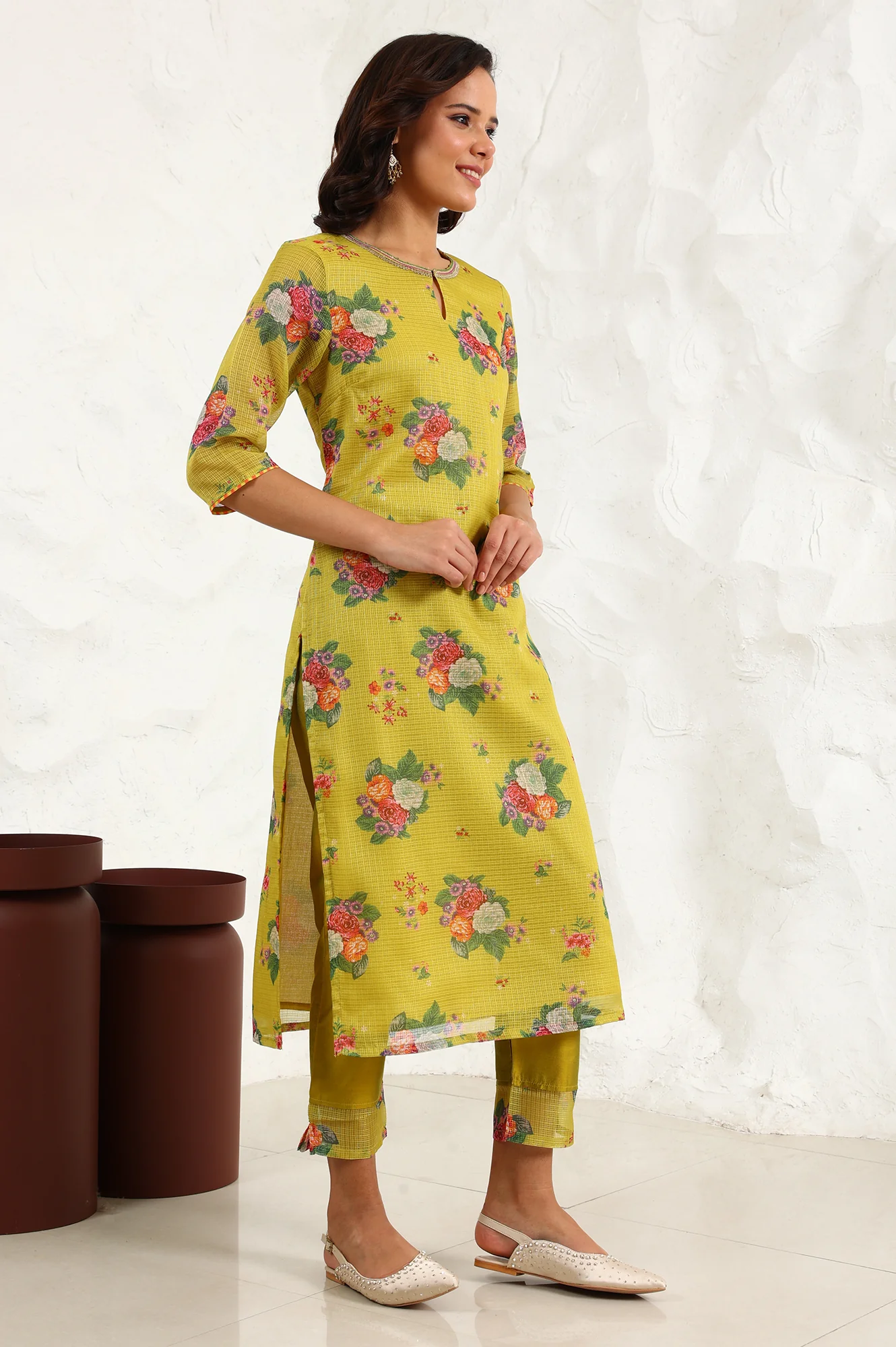 Celery Green Floral Printed Sequined Kota Straight Kurta, Slim Pants And Dupatta Set - Image 6