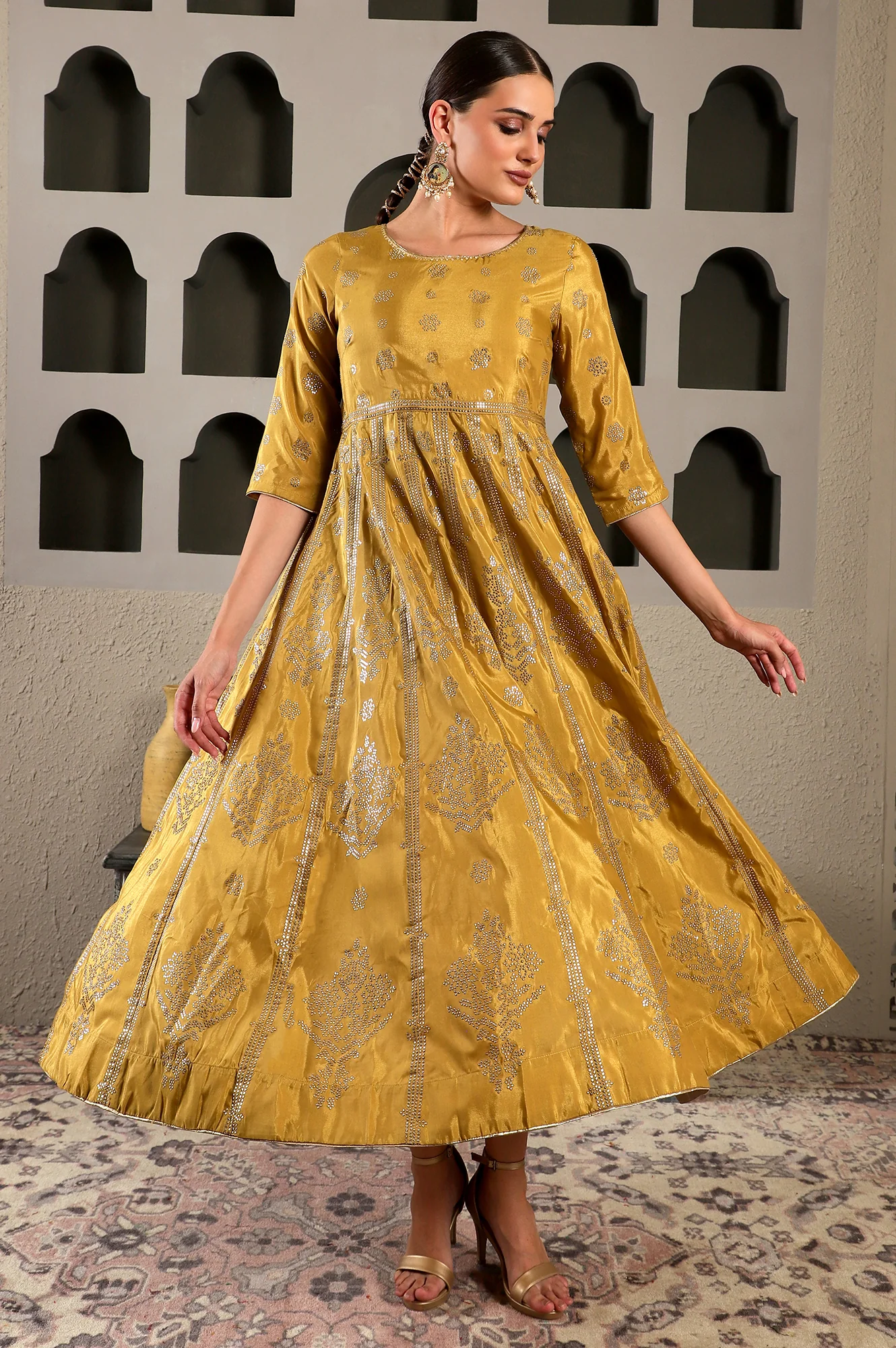 Yellow Mukaish Printed Embellished Shatung Anarkali Dress - Image 2
