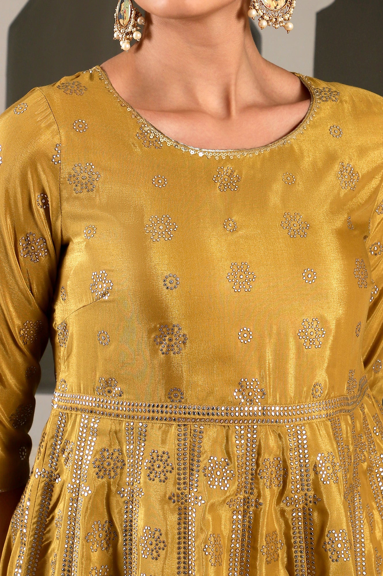 Yellow Mukaish Printed Embellished Shatung Anarkali Dress - Image 4