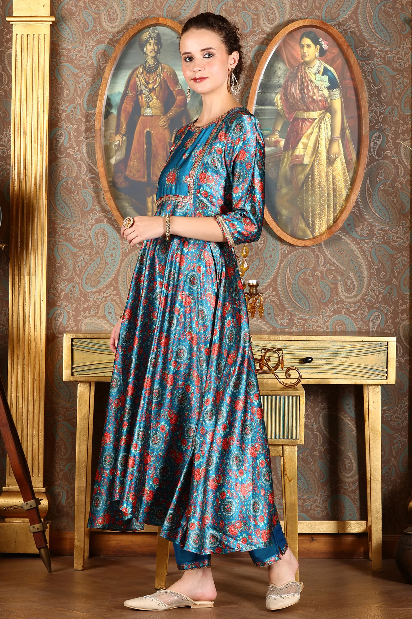 Cerulean Blue Floral Printed Japanese Satin Kurta, Pants And Dupatta Set - Image 4