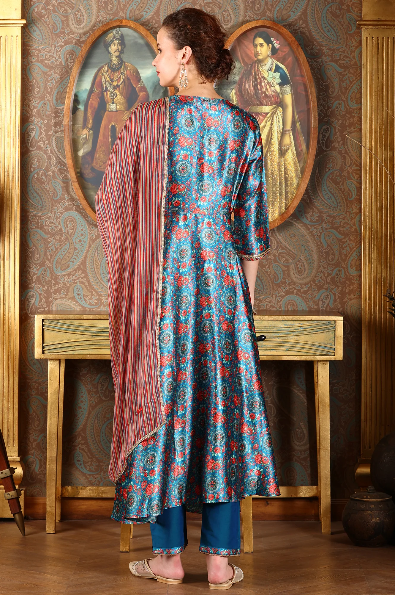 Cerulean Blue Floral Printed Japanese Satin Kurta, Pants And Dupatta Set - Image 5