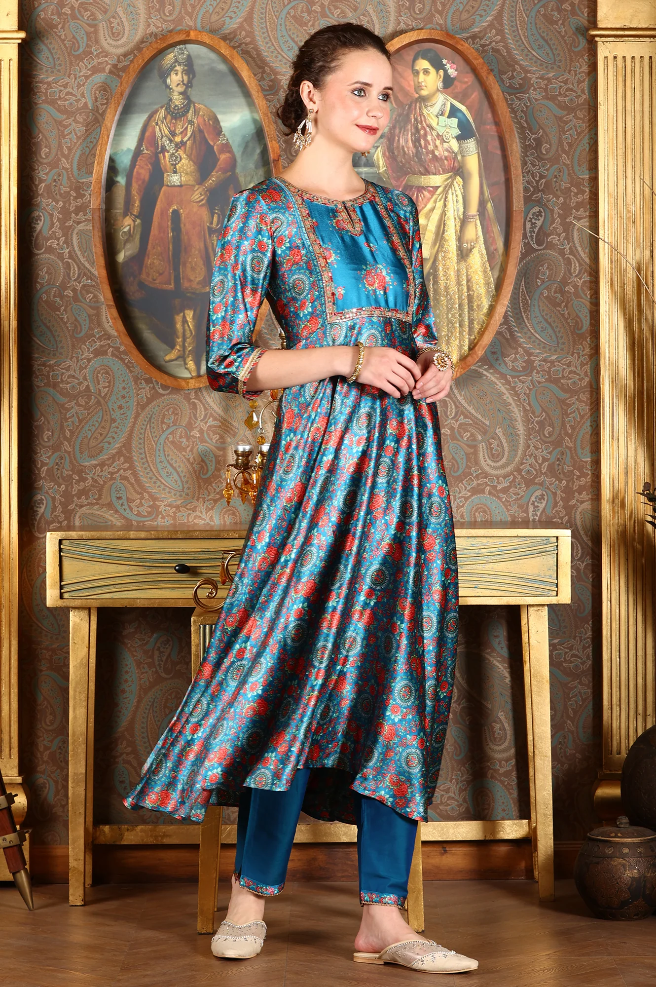 Cerulean Blue Floral Printed Japanese Satin Kurta, Pants And Dupatta Set - Image 6