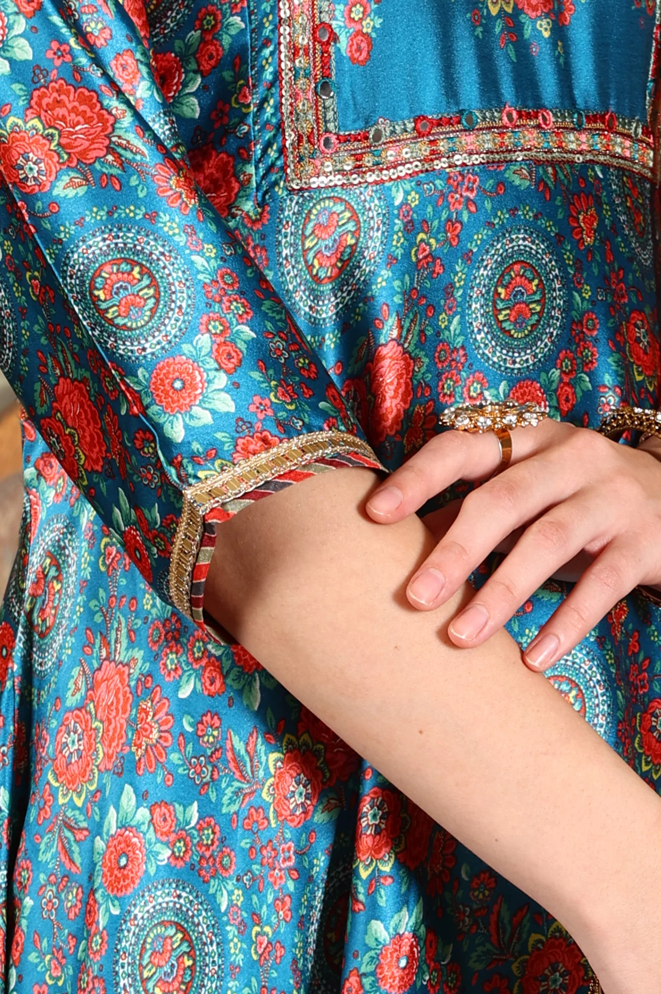 Cerulean Blue Floral Printed Japanese Satin Kurta, Pants And Dupatta Set - Image 7