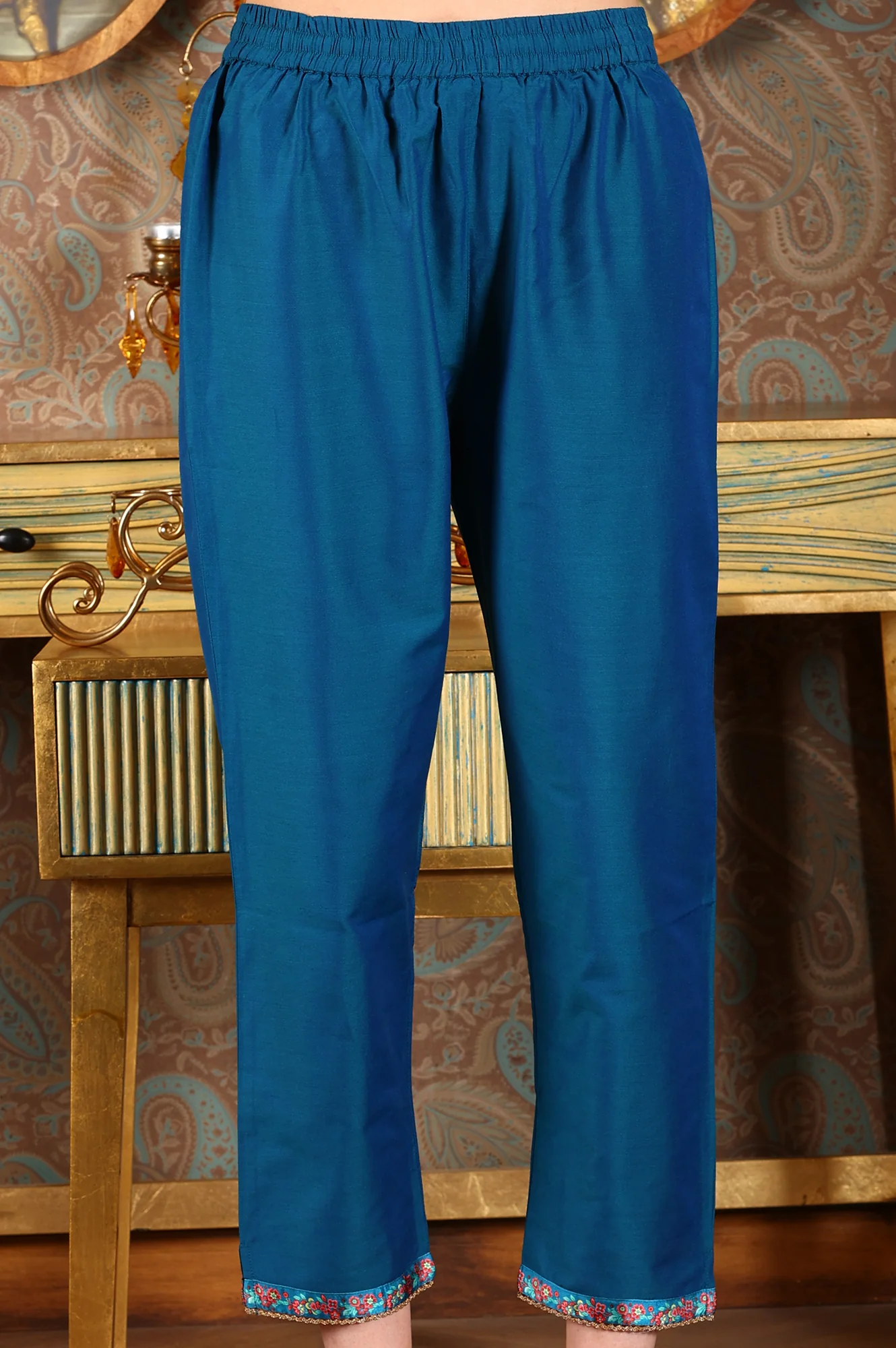 Cerulean Blue Floral Printed Japanese Satin Kurta, Pants And Dupatta Set - Image 8