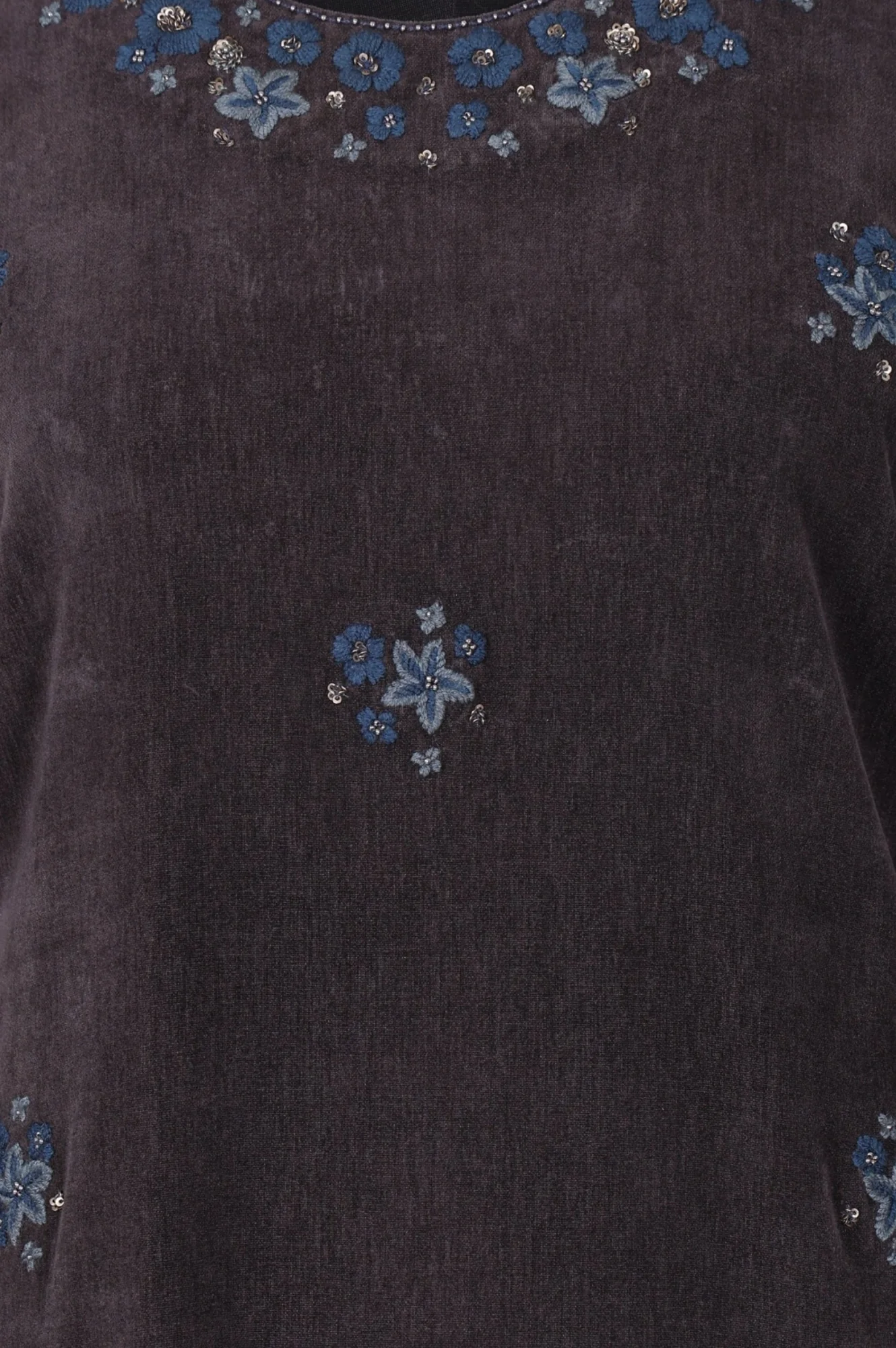 Charcoal Thread Embroidered Straight Velvet Kurta with Pants and Dupatta Set - Image 2