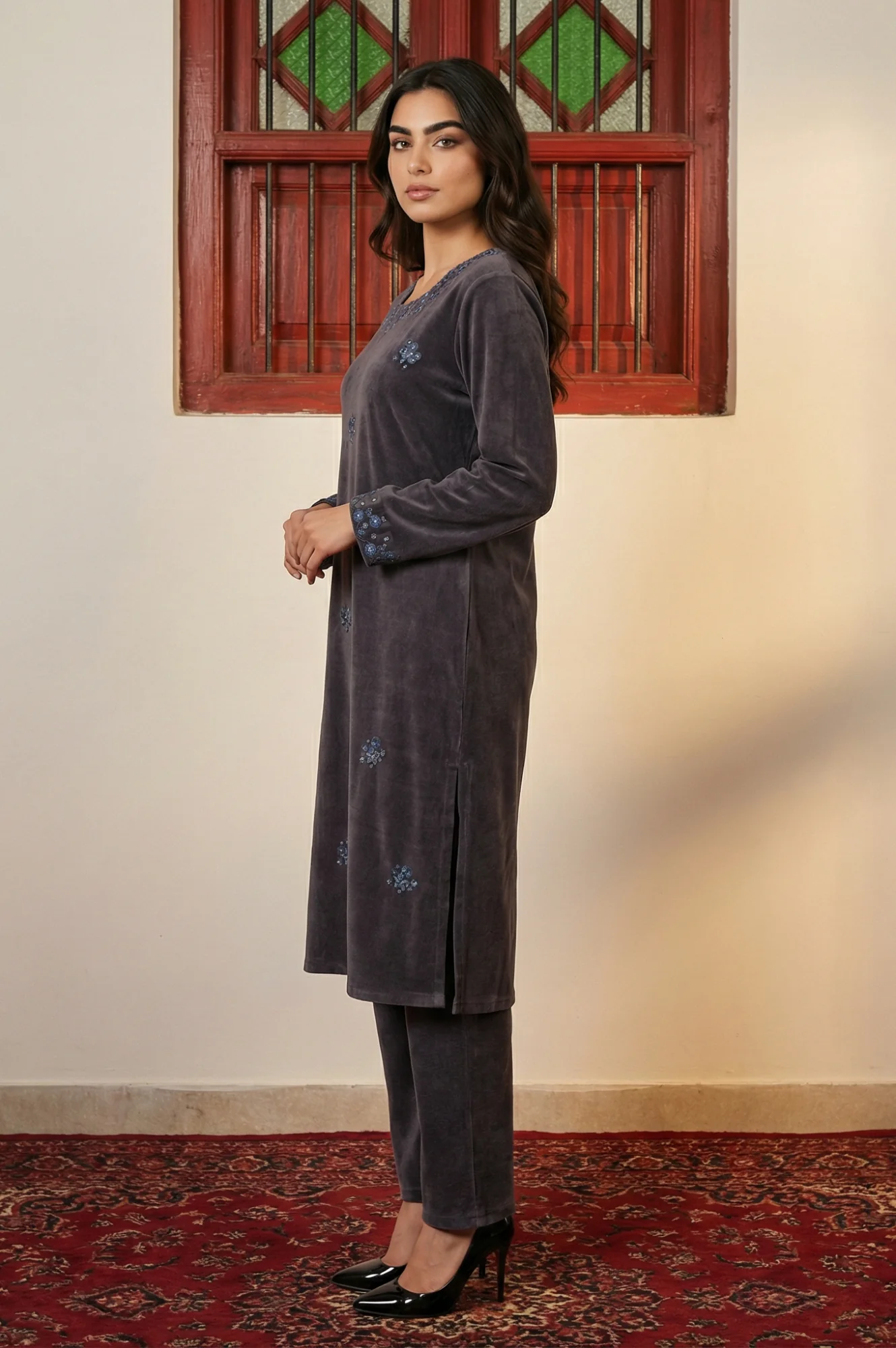 Charcoal Thread Embroidered Straight Velvet Kurta with Pants and Dupatta Set - Image 3