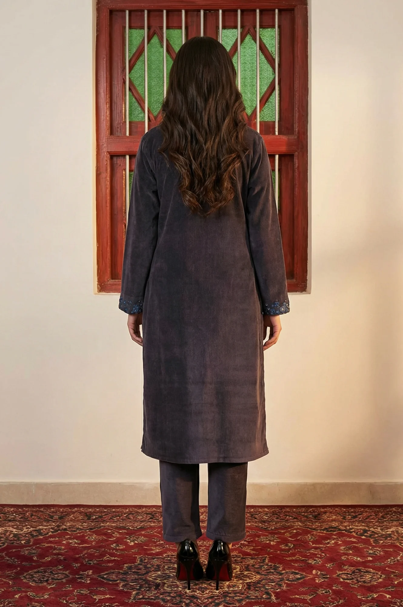 Charcoal Thread Embroidered Straight Velvet Kurta with Pants and Dupatta Set - Image 4