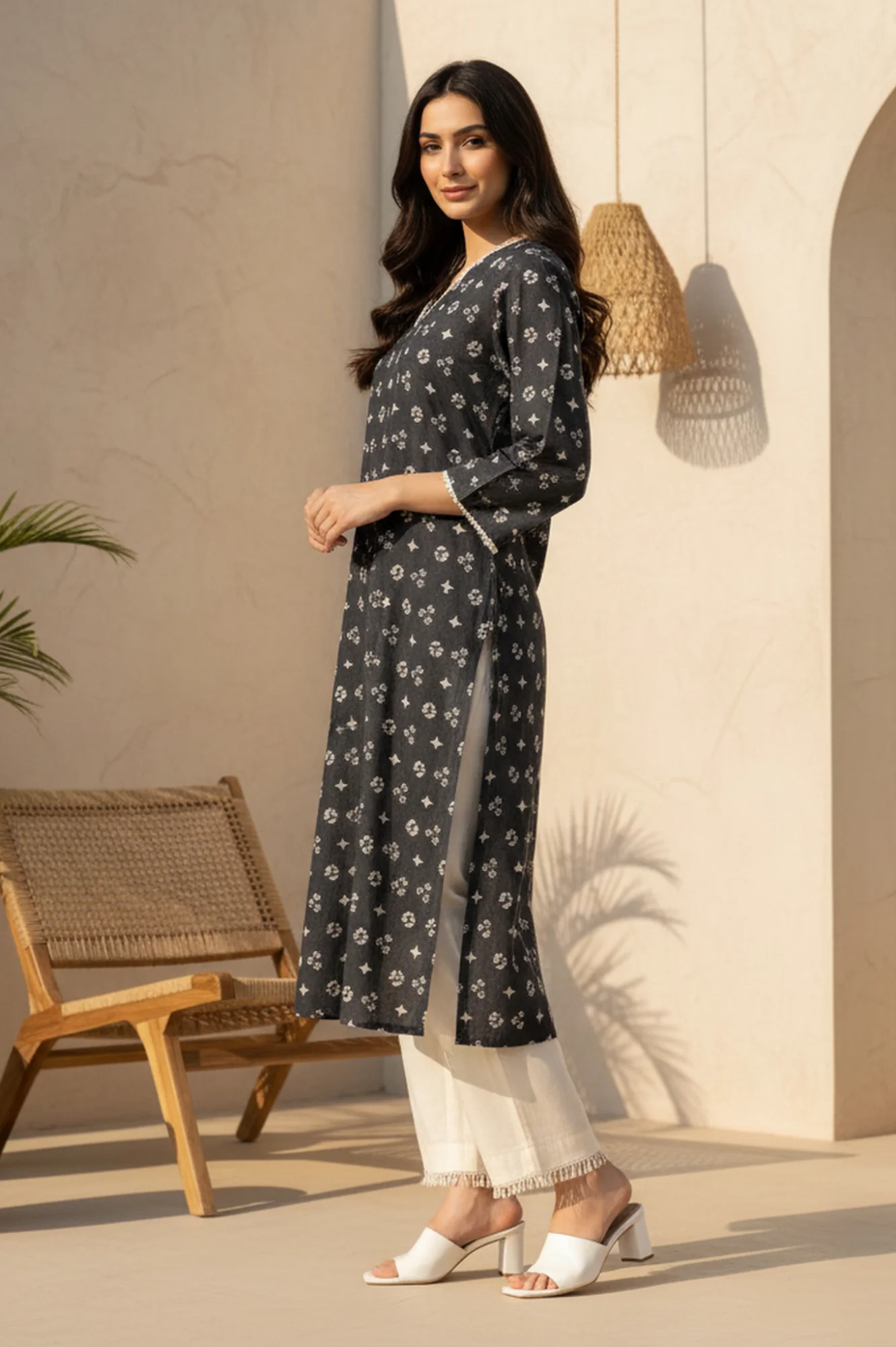 Charcoal Geometric Printed Lace Pure Cotton A-line Kurta - Image 3