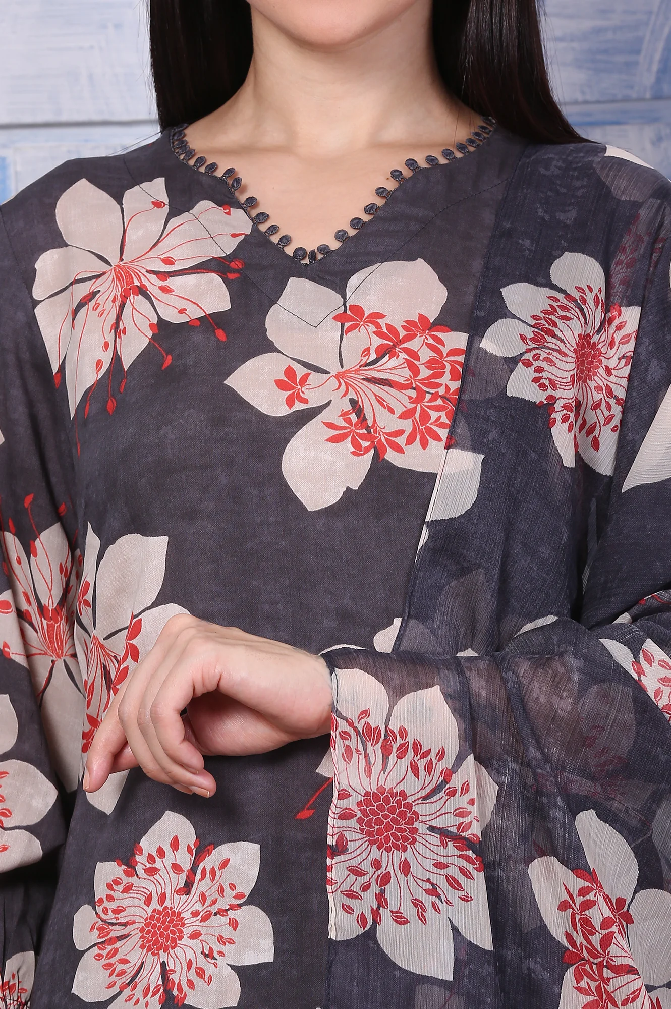 Charcoal Grey Floral Printed Straight Kurta, Pants and Dupatta Set - Image 3