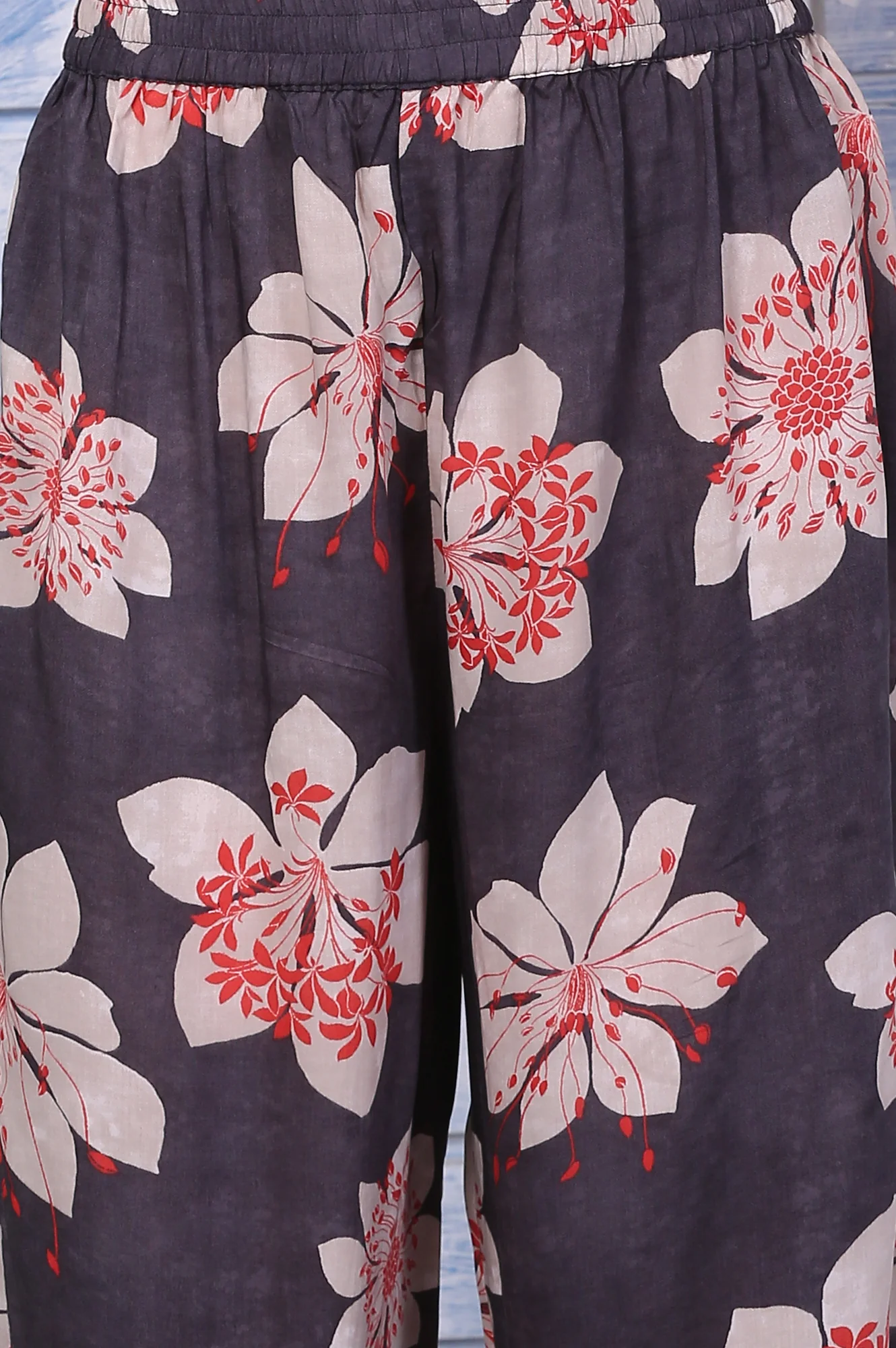 Charcoal Grey Floral Printed Straight Kurta, Pants and Dupatta Set - Image 8