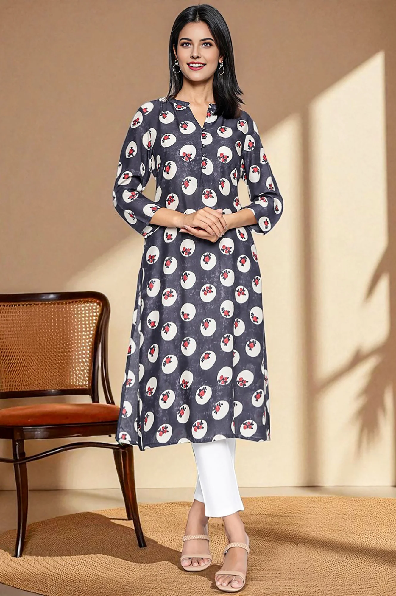 Charcoal Grey Printed Modal Straight Kurta