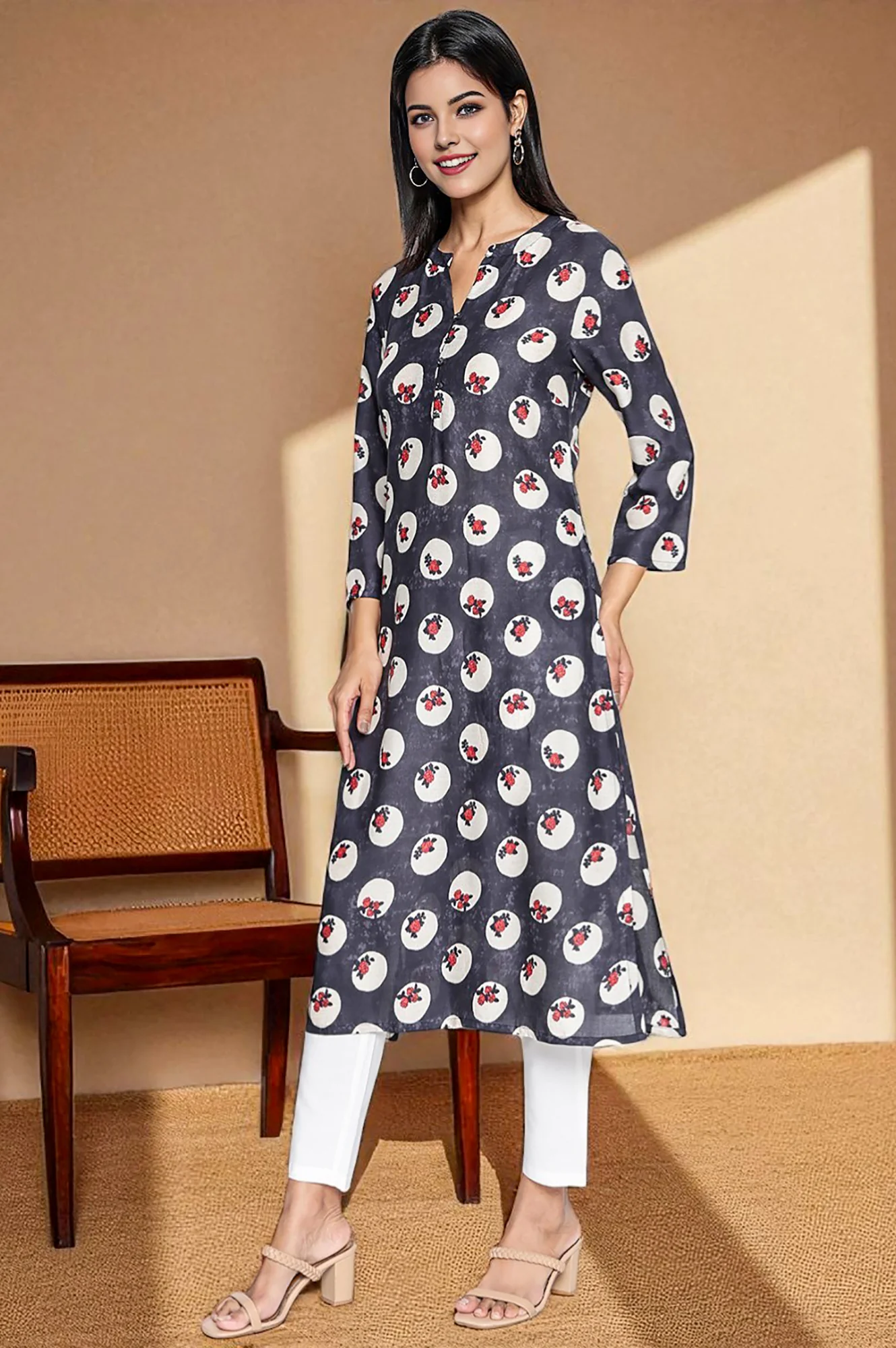 Charcoal Grey Printed Modal Straight Kurta - Image 4