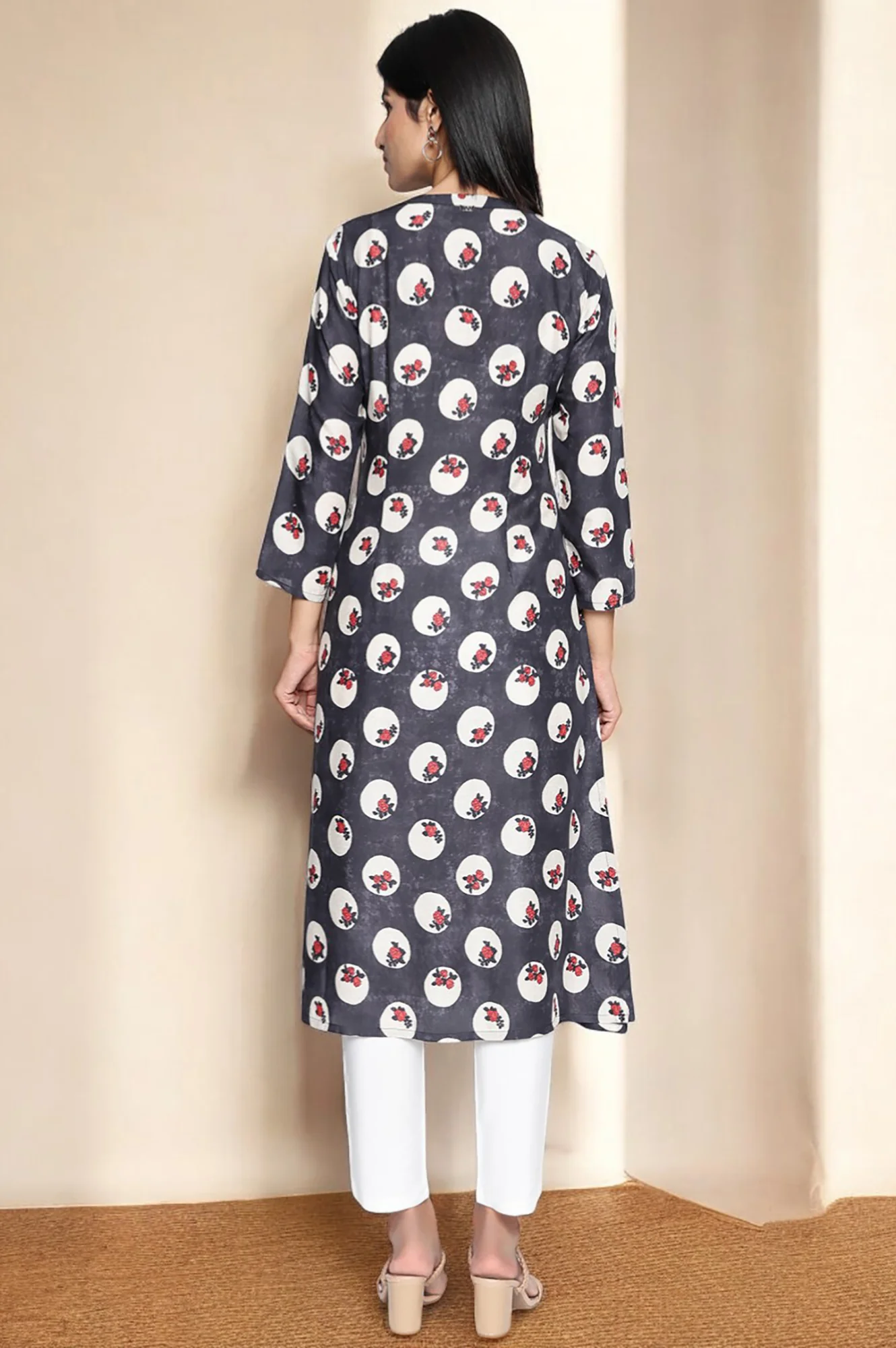 Charcoal Grey Printed Modal Straight Kurta - Image 5