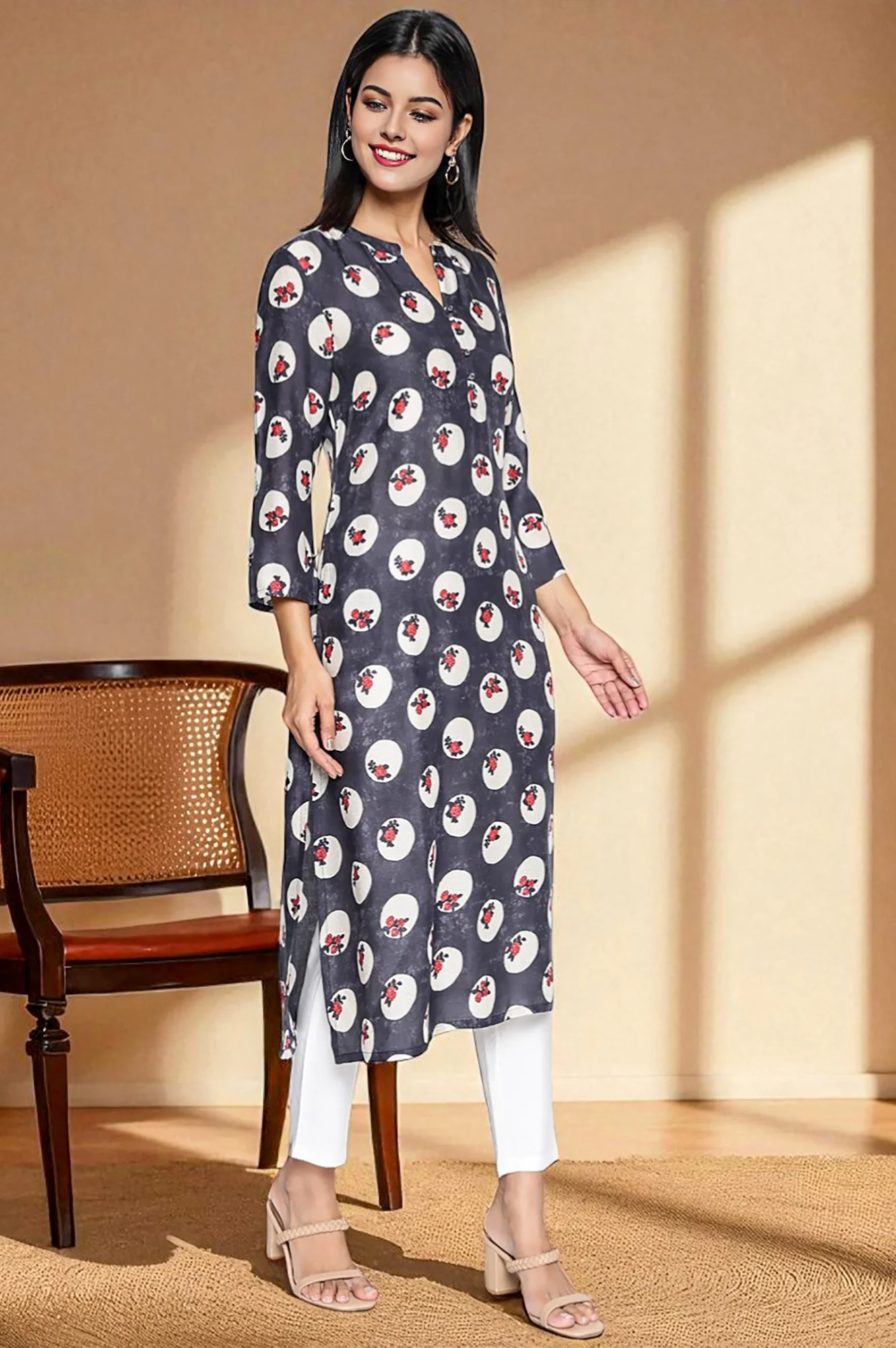 Charcoal Grey Printed Modal Straight Kurta - Image 6