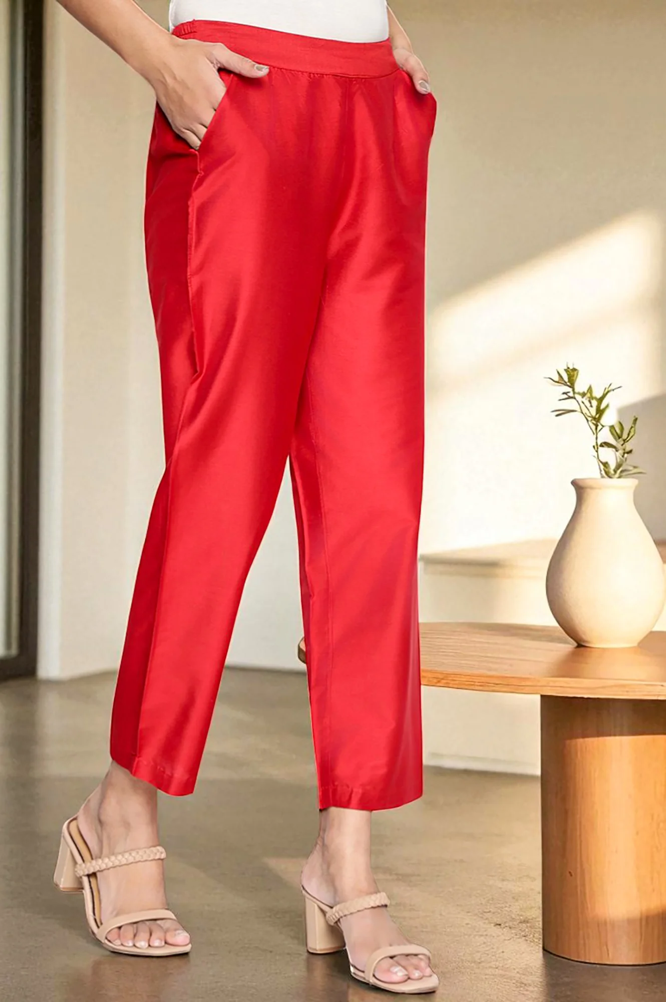 Cherry Red Solid Printed Straight Pant - Image 5