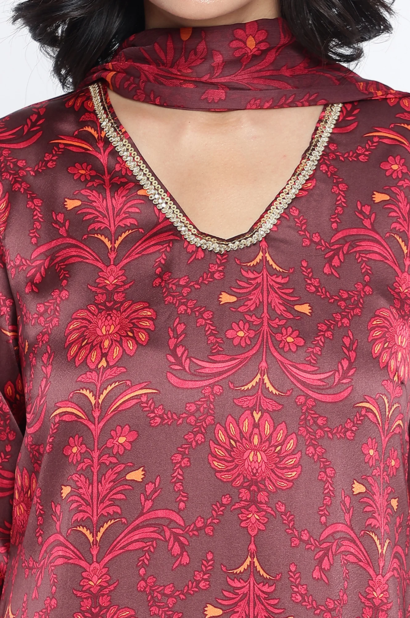 Chocolate Brown Printed Japanese Satin A-Line Kurta, Straight Pant and Dupatta Set - Image 2