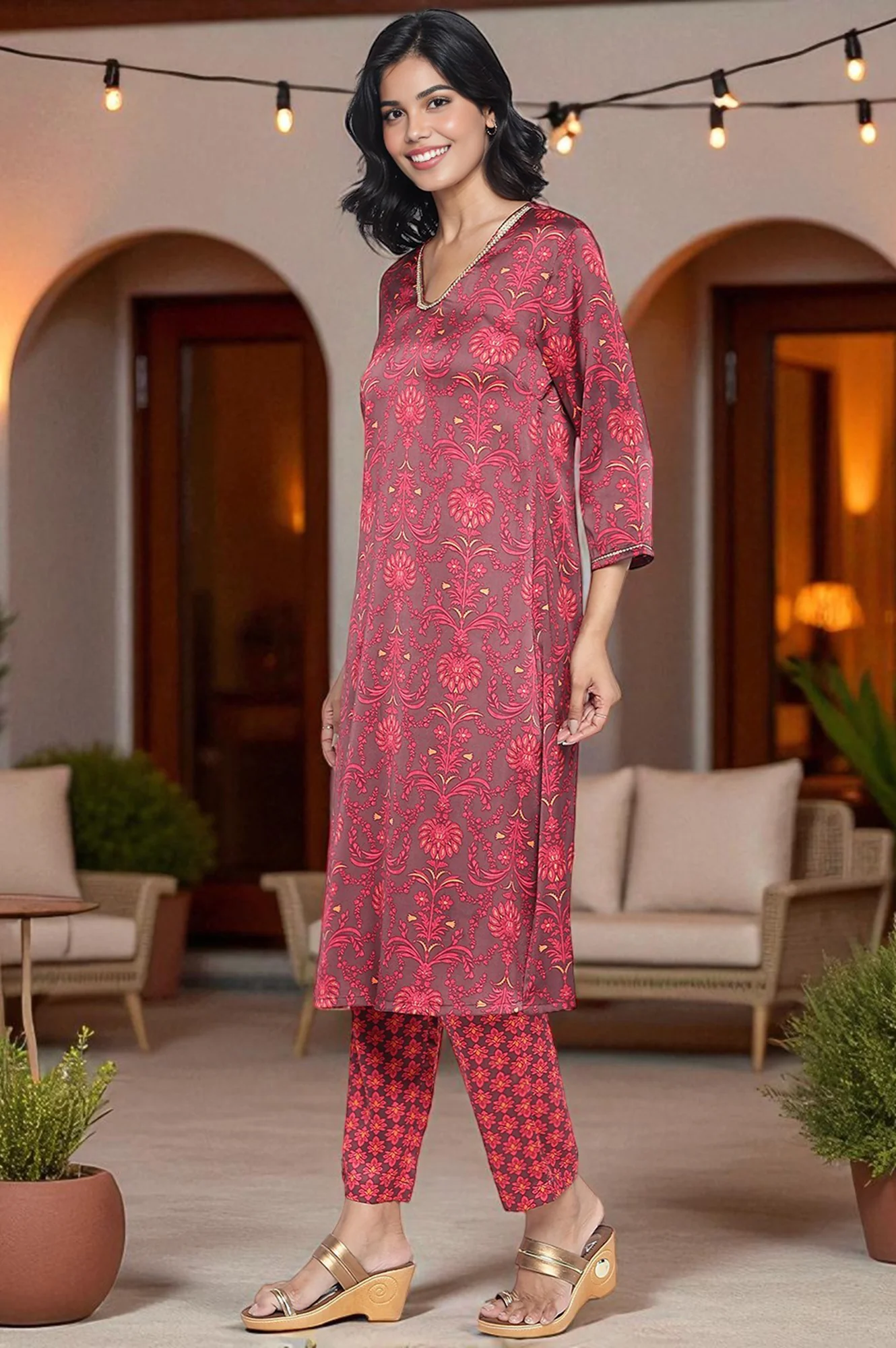 Chocolate Brown Printed Japanese Satin A-Line Kurta, Straight Pant and Dupatta Set - Image 3
