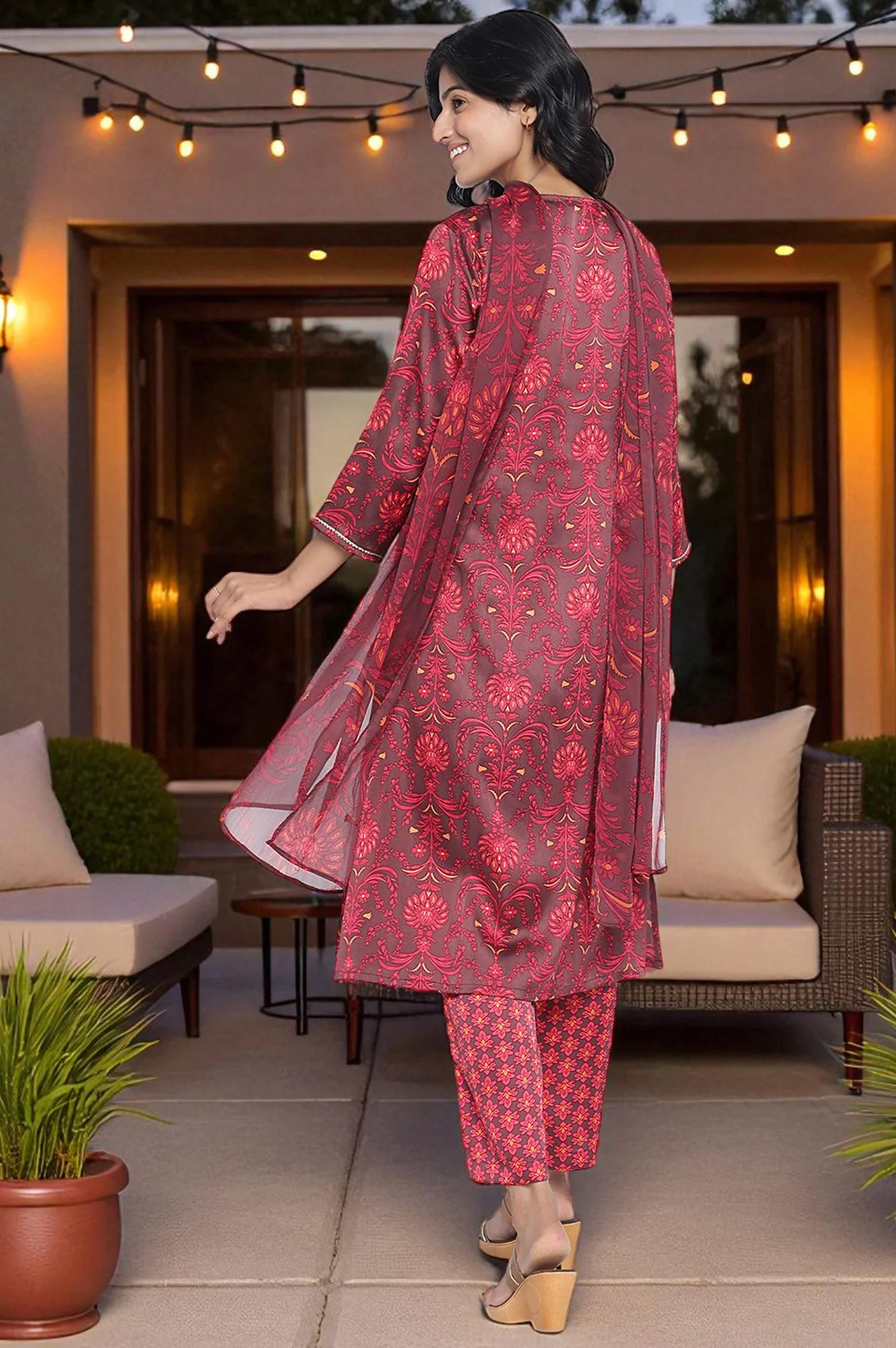 Chocolate Brown Printed Japanese Satin A-Line Kurta, Straight Pant and Dupatta Set - Image 4