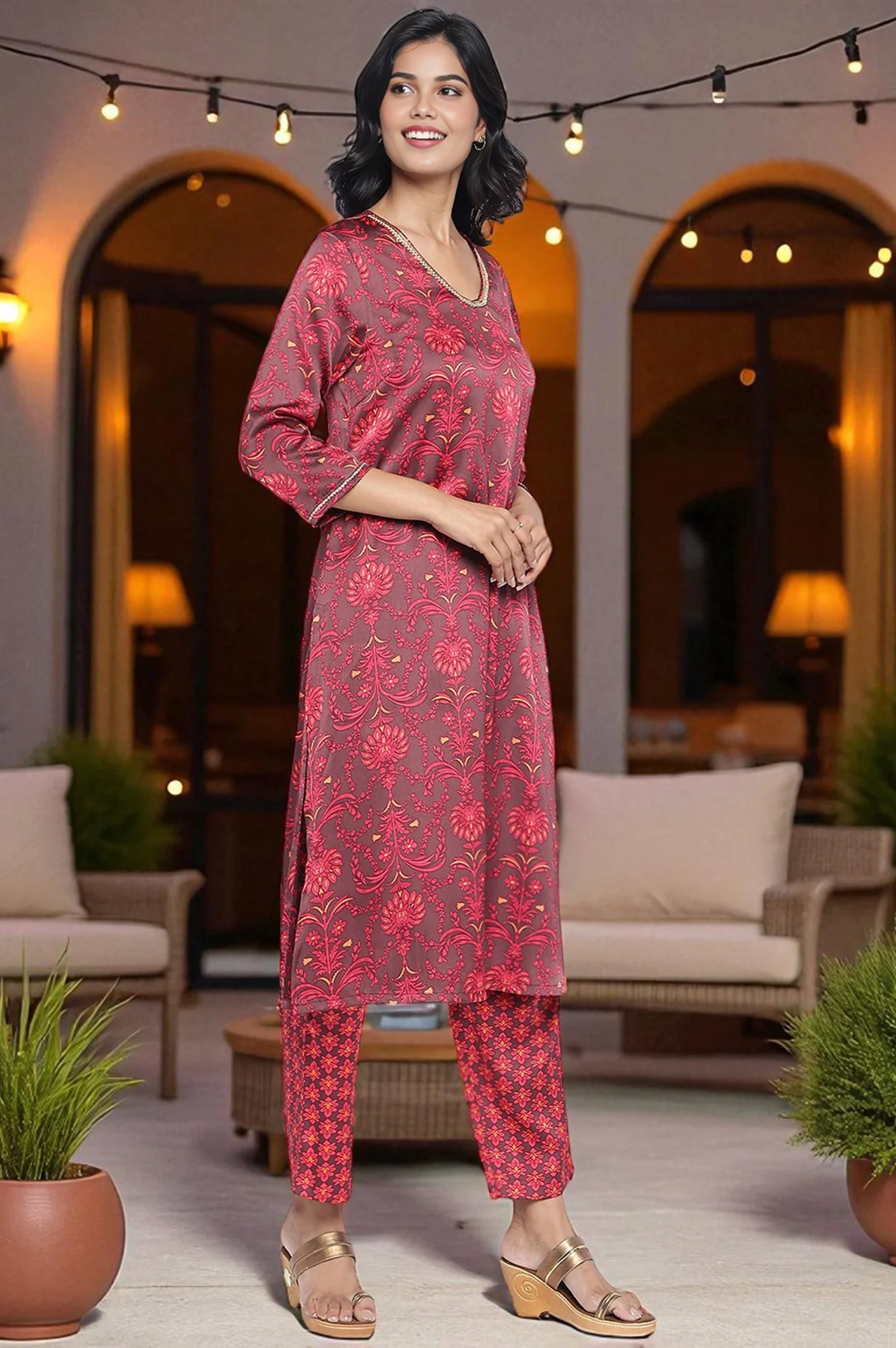 Chocolate Brown Printed Japanese Satin A-Line Kurta, Straight Pant and Dupatta Set - Image 5