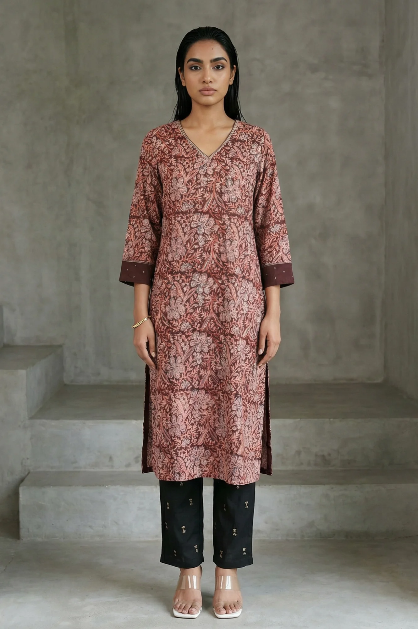Chocolate Brown Sequins Floral Printed Pure Cotton Straight Kurta - Image 2